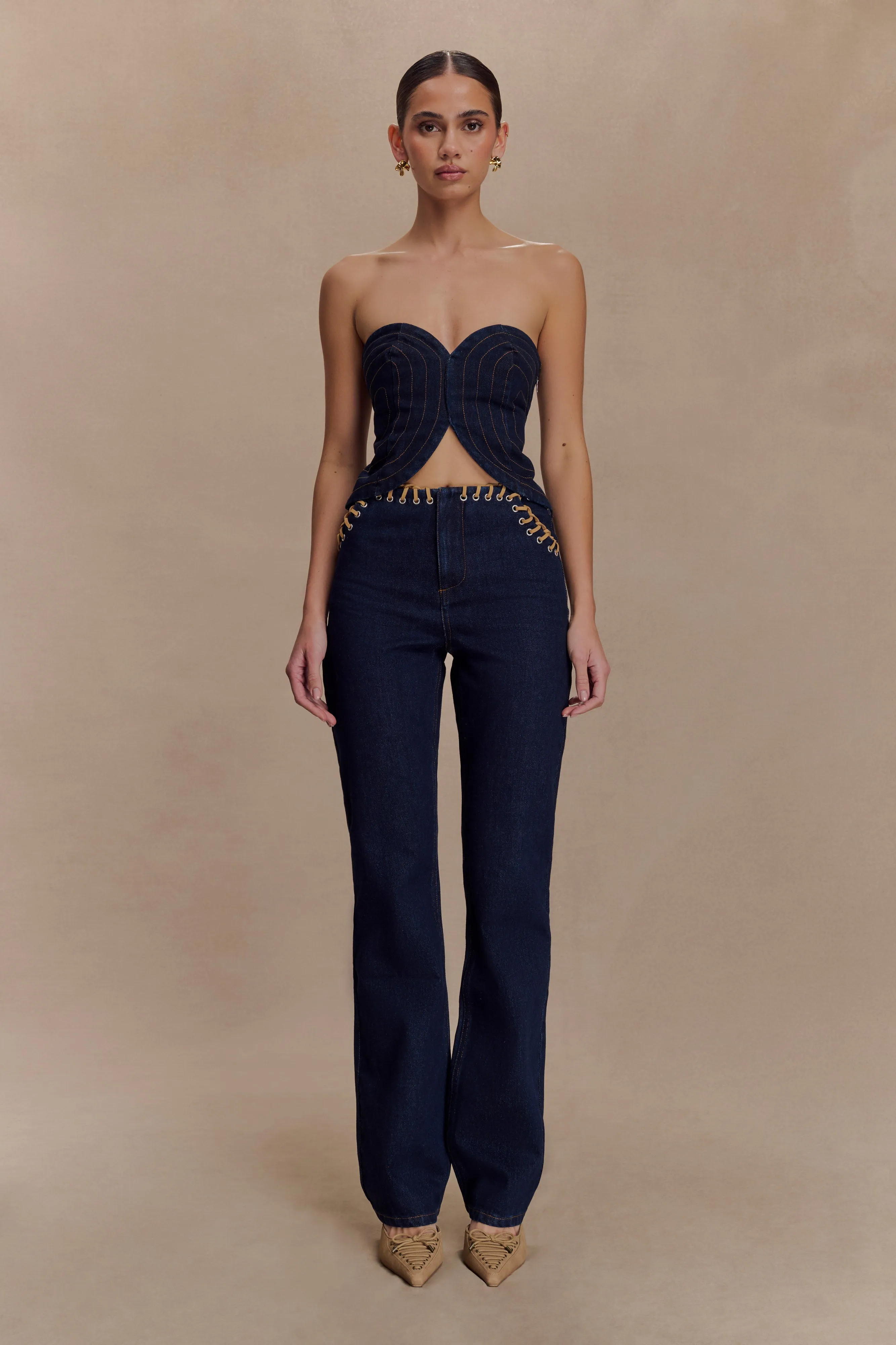 Meryl Lace Up Denim Jean - Indigo Blue sold by Meshki