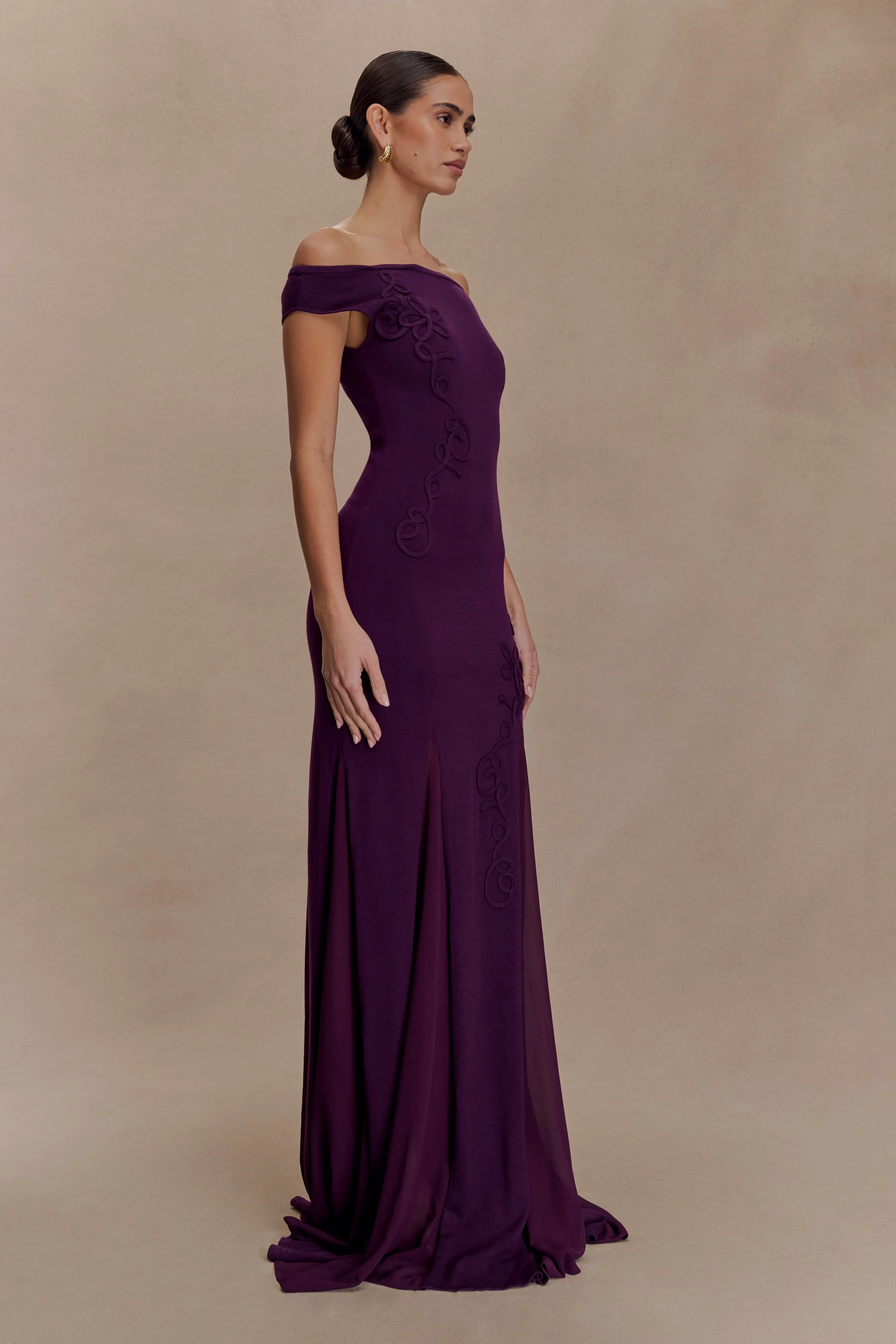 Nesta Embroidery Off Shoulder Knit Dress - Plum sold by Meshki product image thumbnail 3