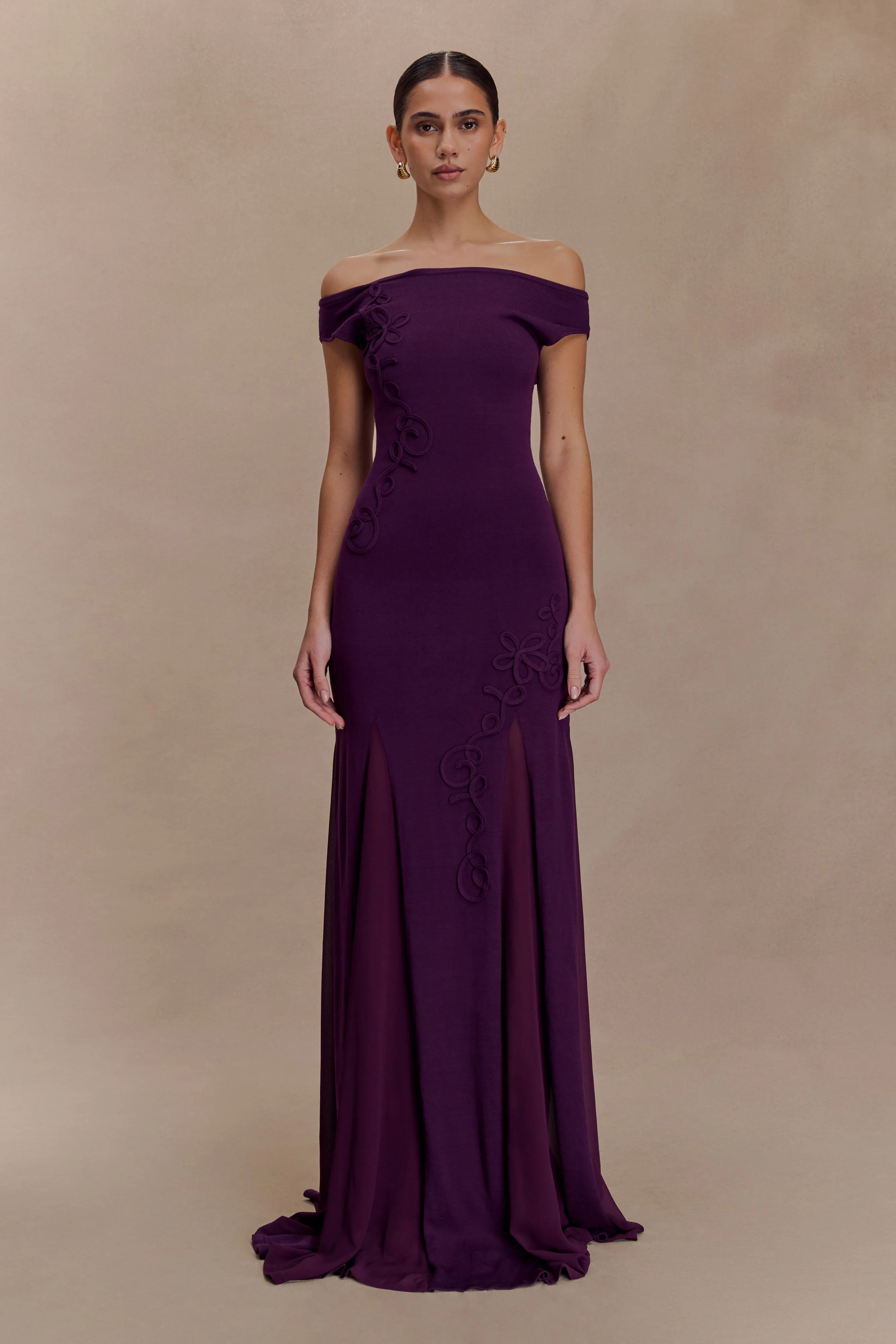 Nesta Embroidery Off Shoulder Knit Dress - Plum sold by Meshki