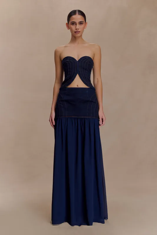 Tully Strapless Topstitch Denim Top - Indigo Blue sold by Meshki