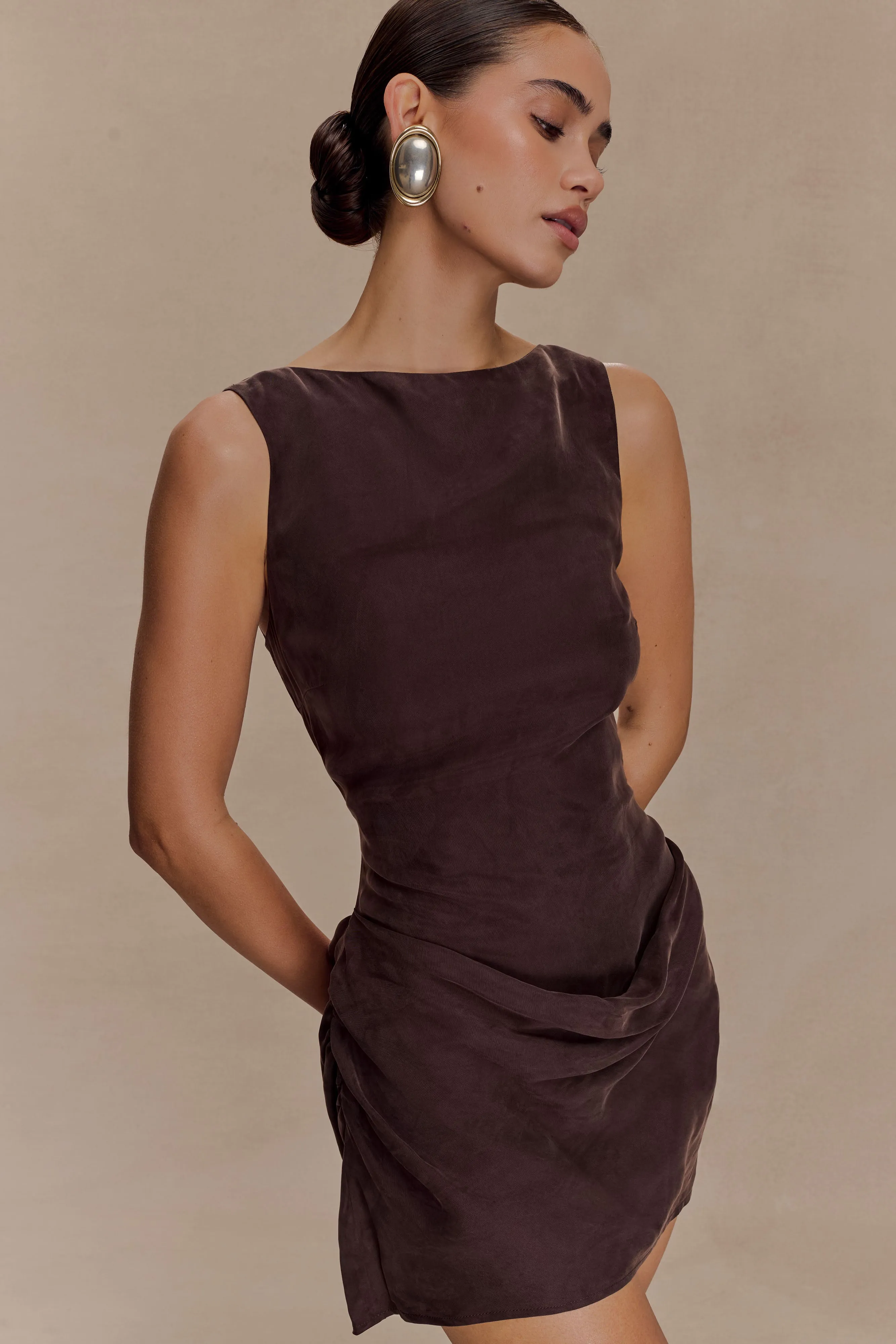 Bexley Draped Mini Dress - Dark Chocolate sold by Meshki product image thumbnail 3