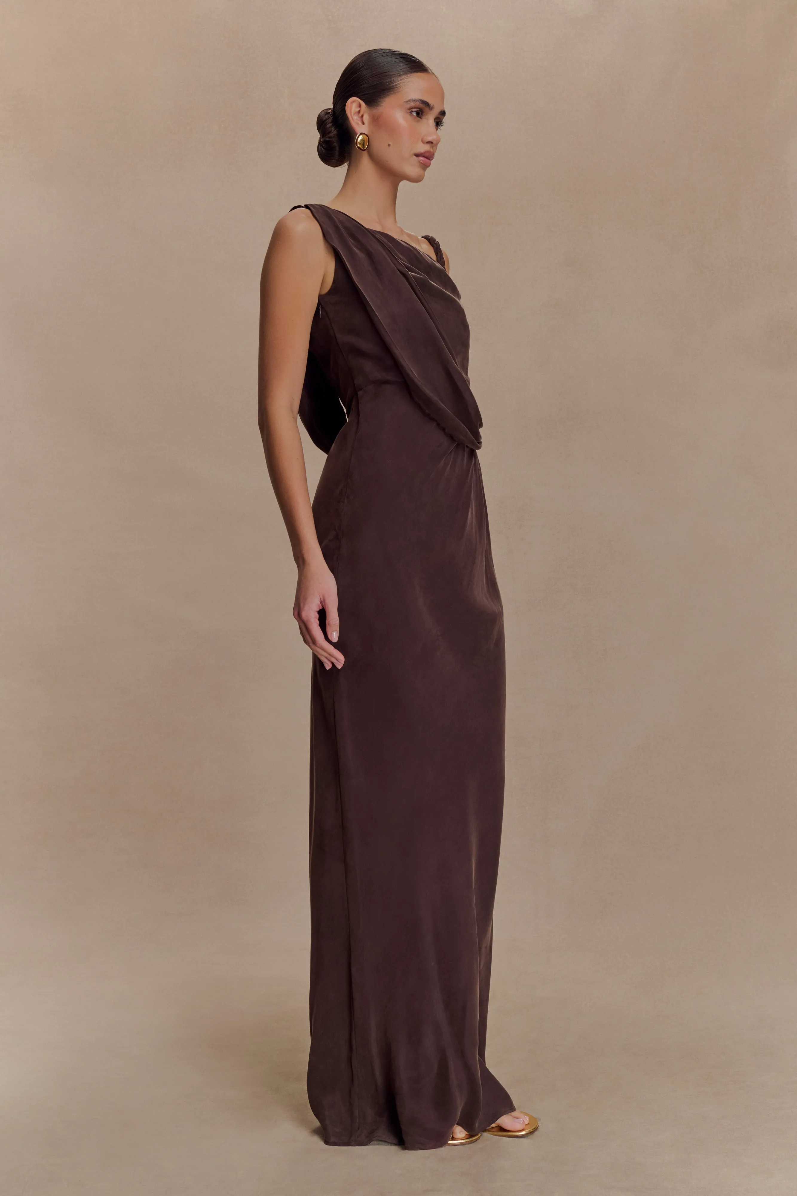 Lorieanne Draped Maxi Dress - Dark Chocolate sold by Meshki product image thumbnail 4
