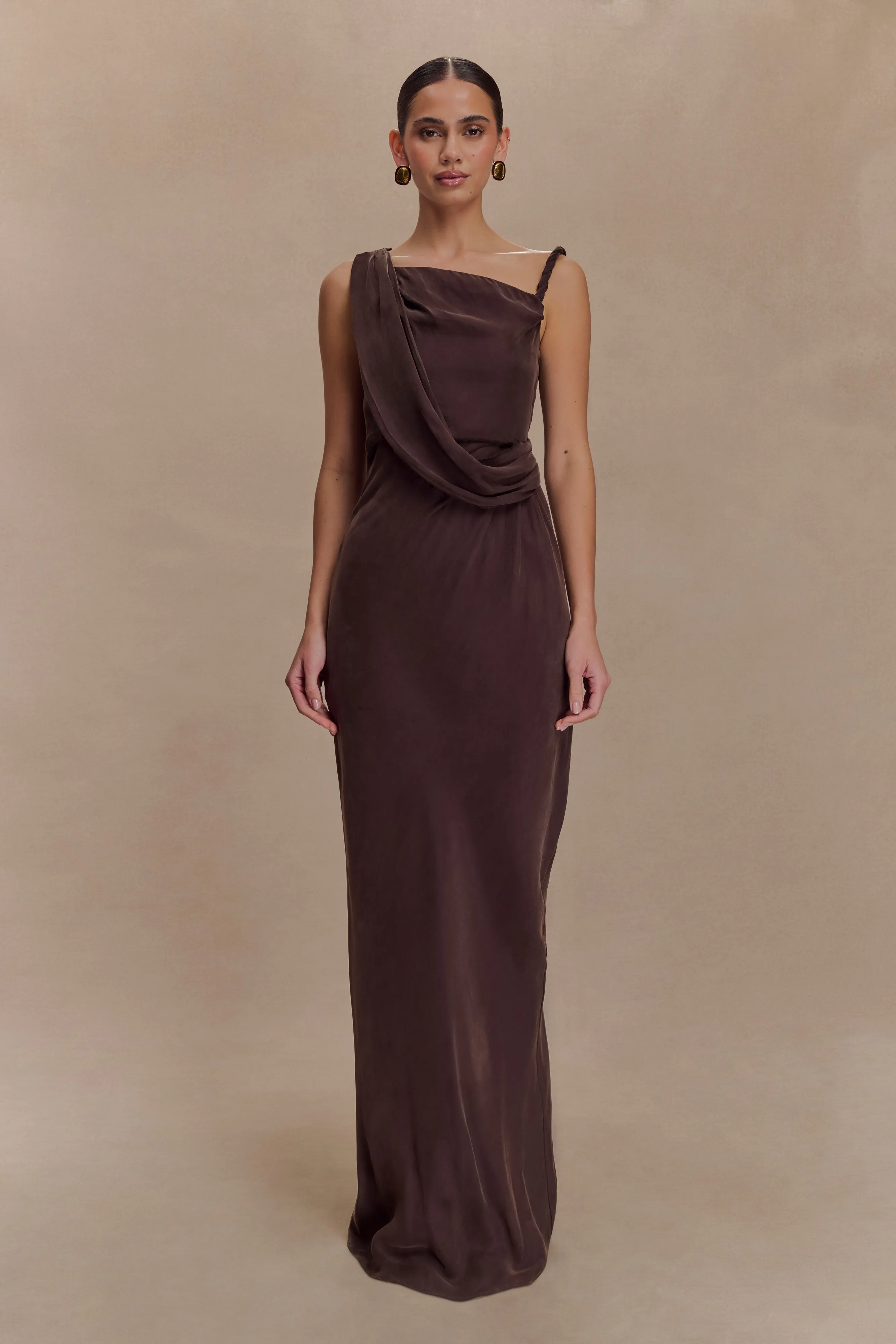 Lorieanne Draped Maxi Dress - Dark Chocolate sold by Meshki