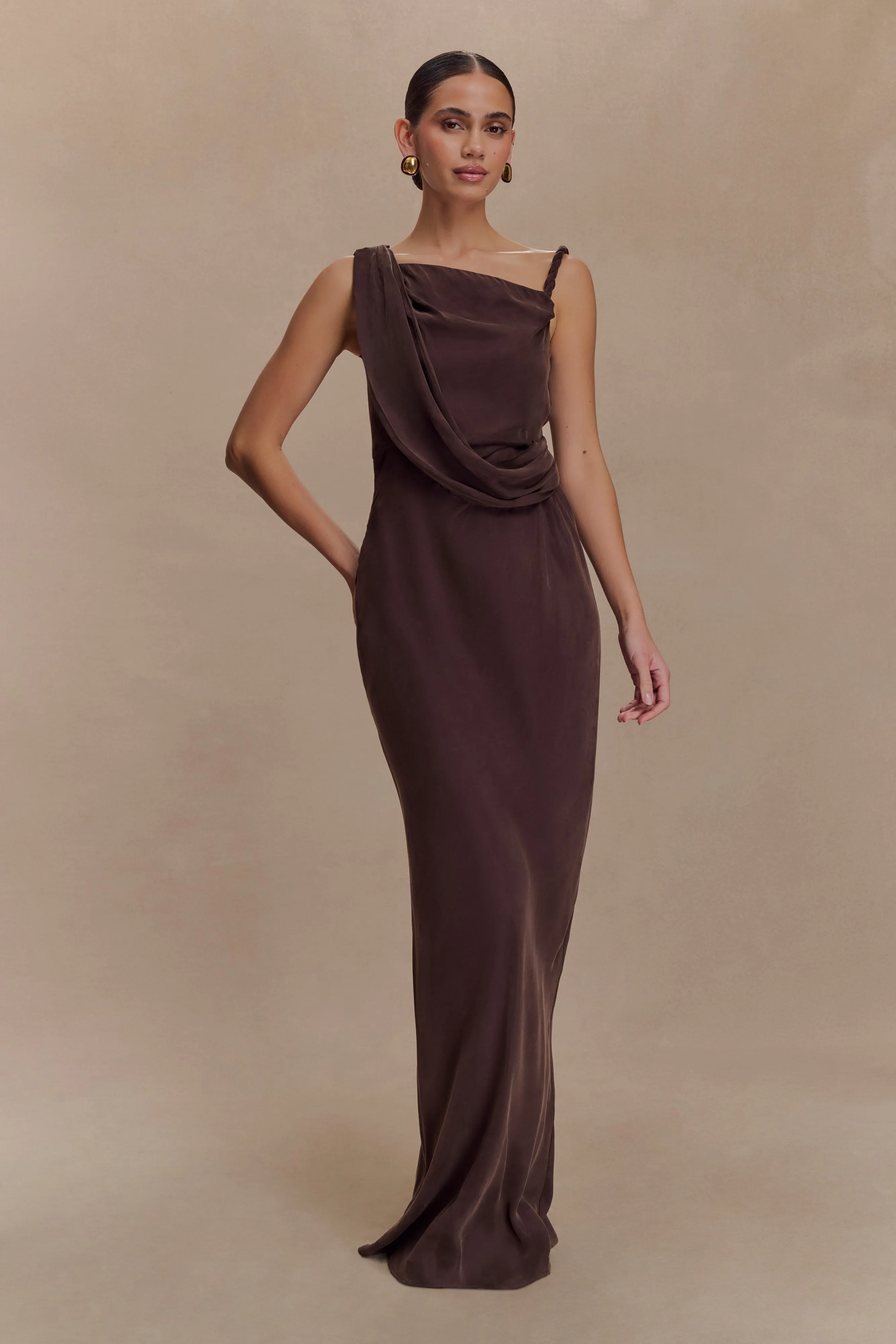 Lorieanne Draped Maxi Dress - Dark Chocolate sold by Meshki product image thumbnail 5