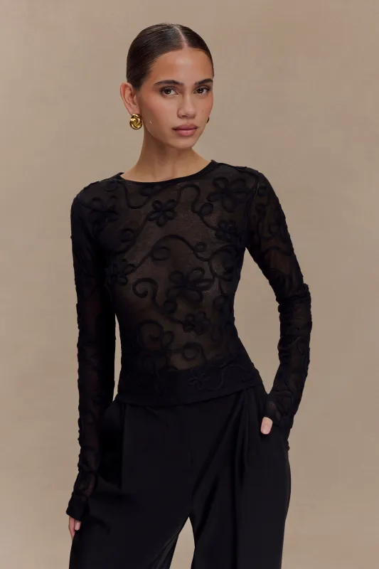 Omari Embroidery Long Sleeve Knit Top - Black sold by Meshki