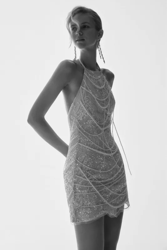 Adora Pearl Halter Mini Dress - White sold by Meshki