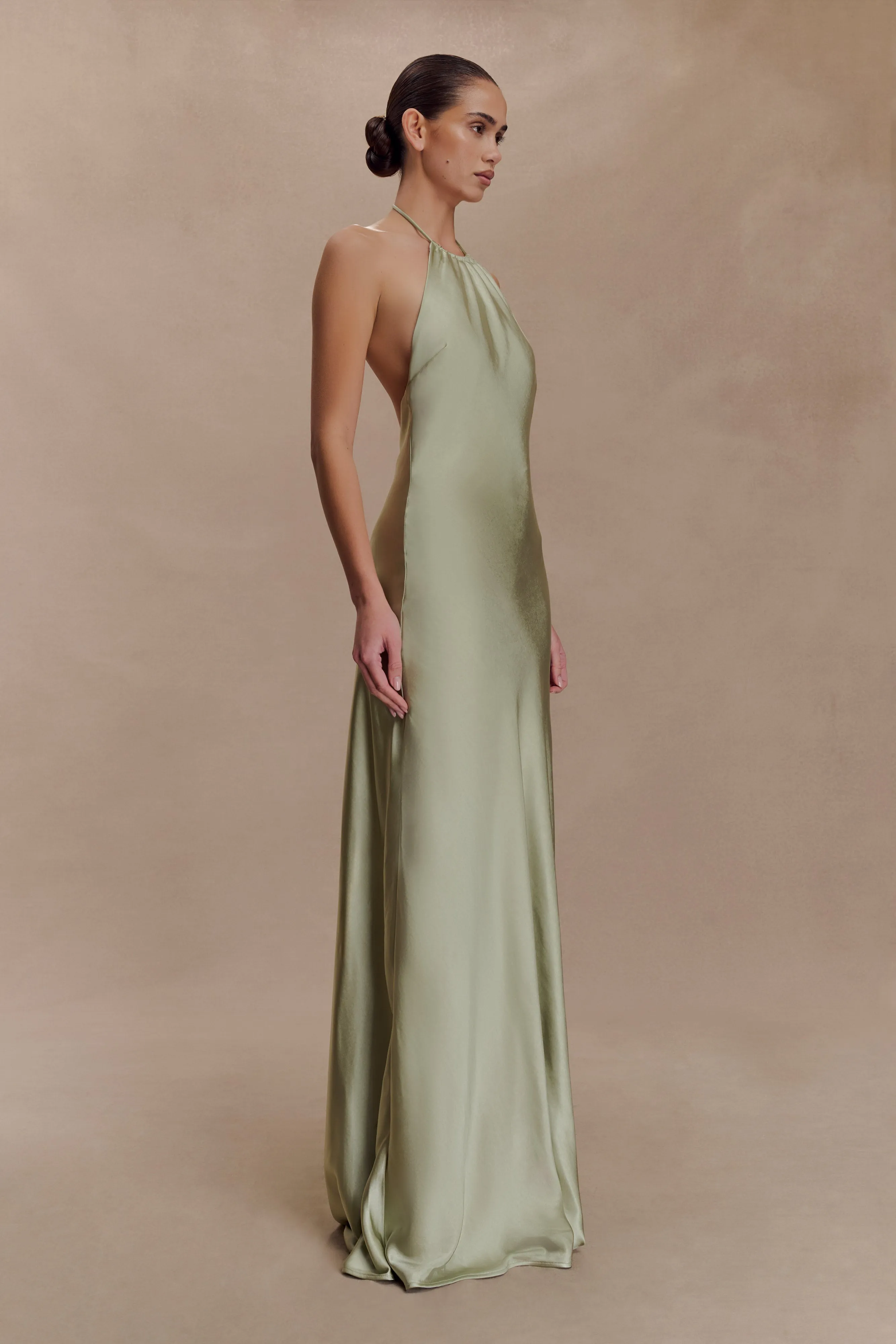Bella Satin Halter Maxi Dress - Sage sold by Meshki product image thumbnail 3