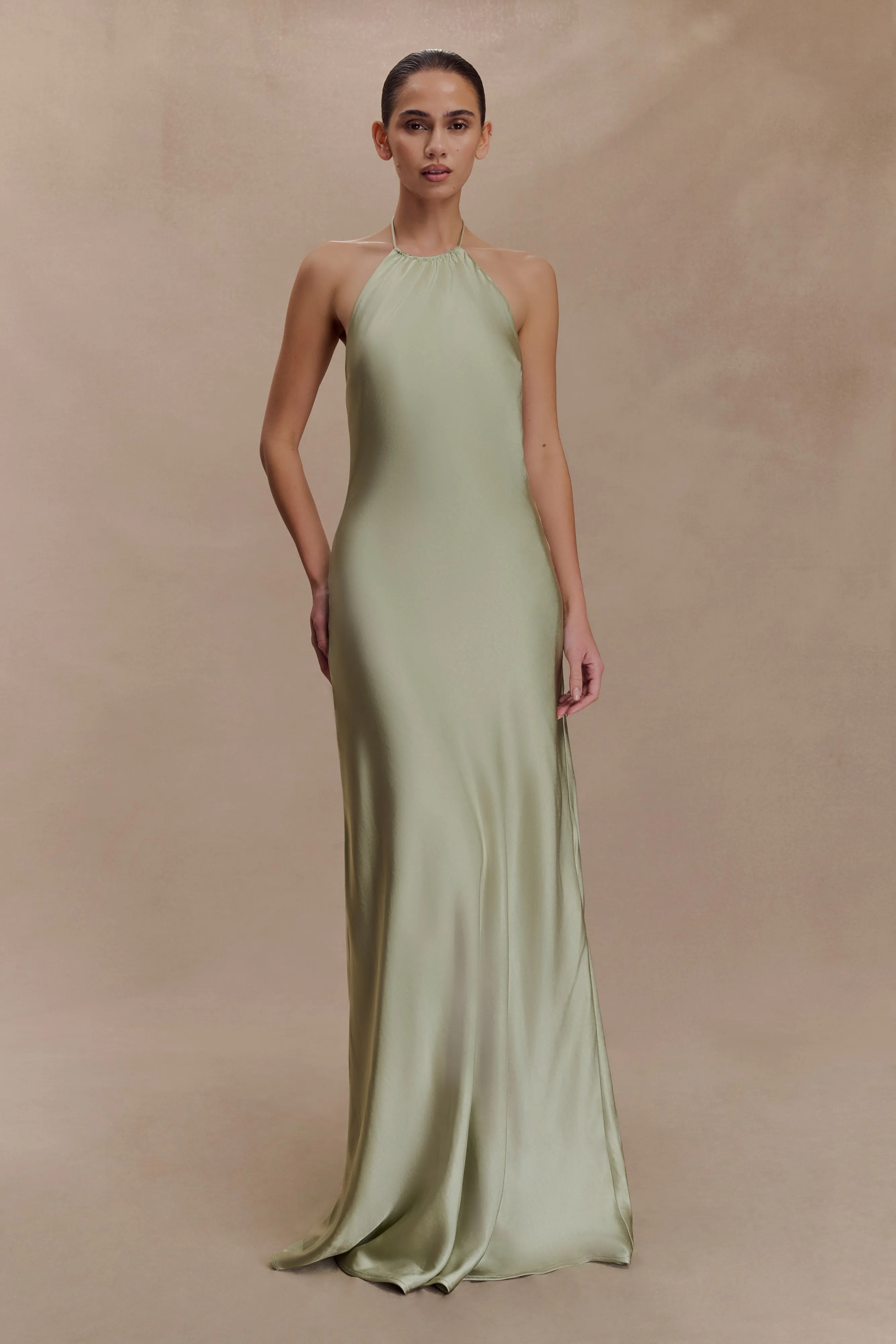 Bella Satin Halter Maxi Dress - Sage sold by Meshki product image thumbnail 5