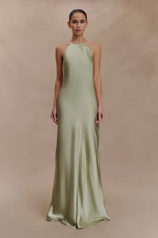 Bella Satin Halter Maxi Dress - Sage sold by Meshki