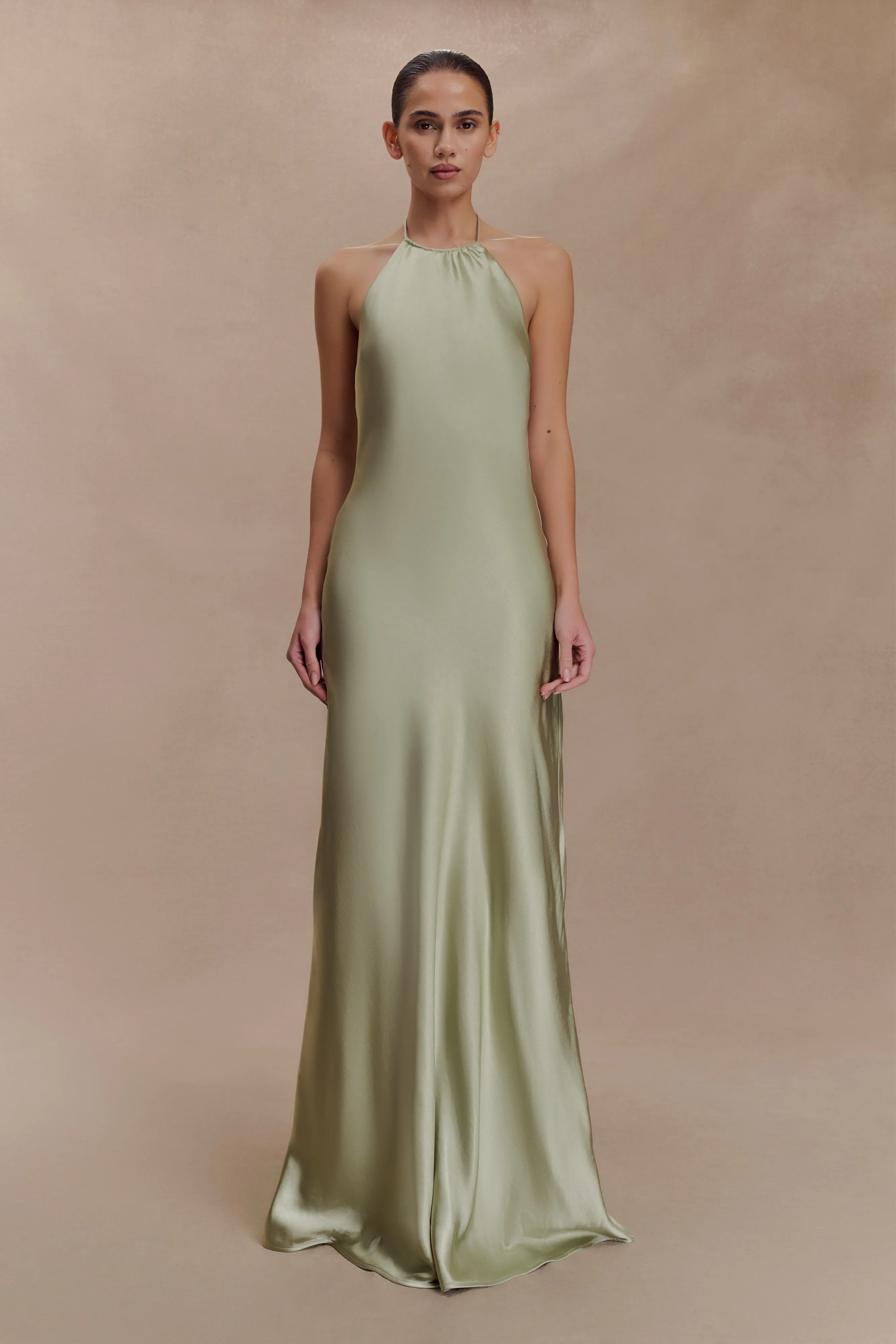 Bella Satin Halter Maxi Dress - Sage sold by Meshki