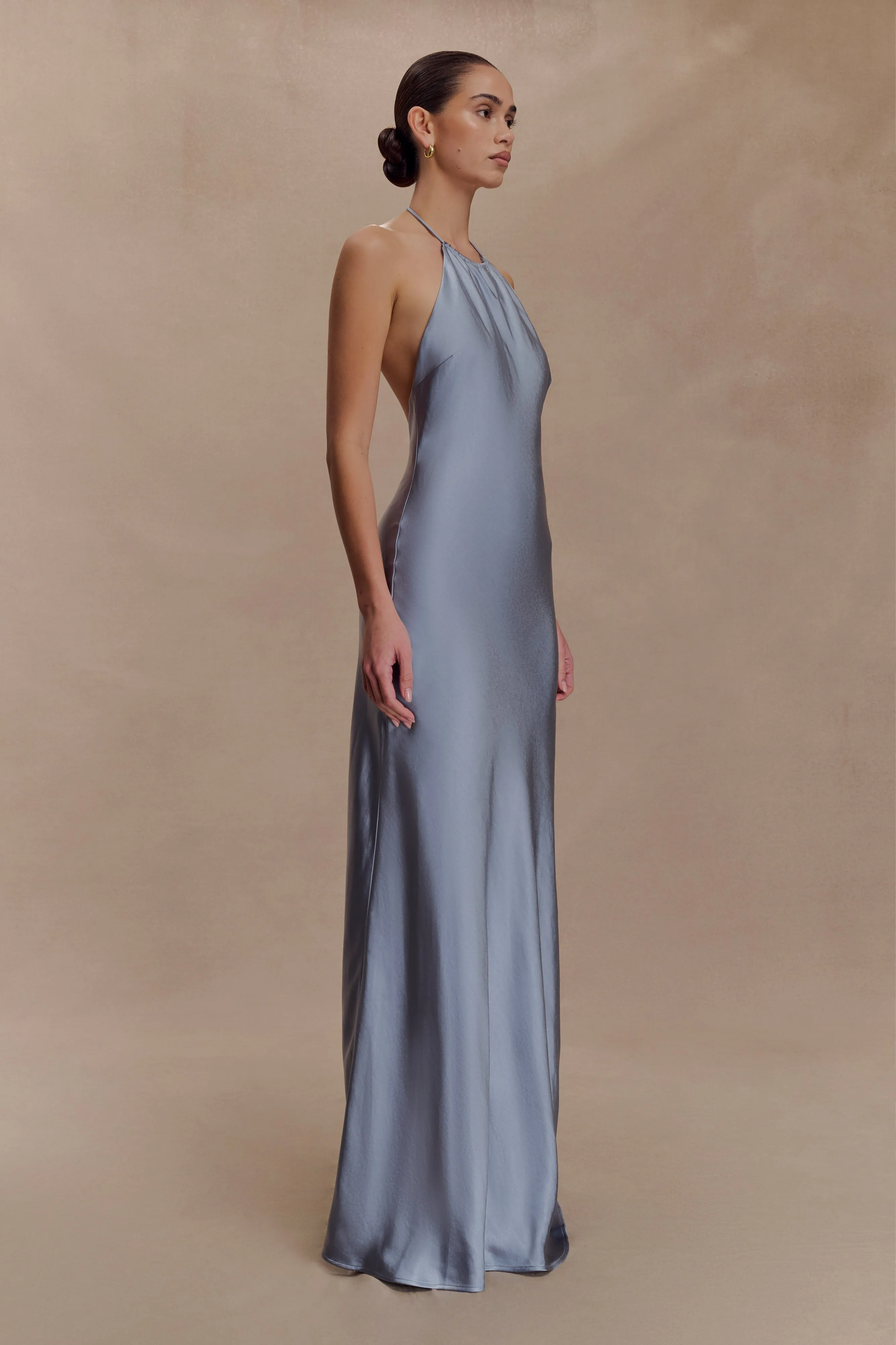 Bella Satin Halter Maxi Dress - Frosted Blue sold by Meshki product image thumbnail 3