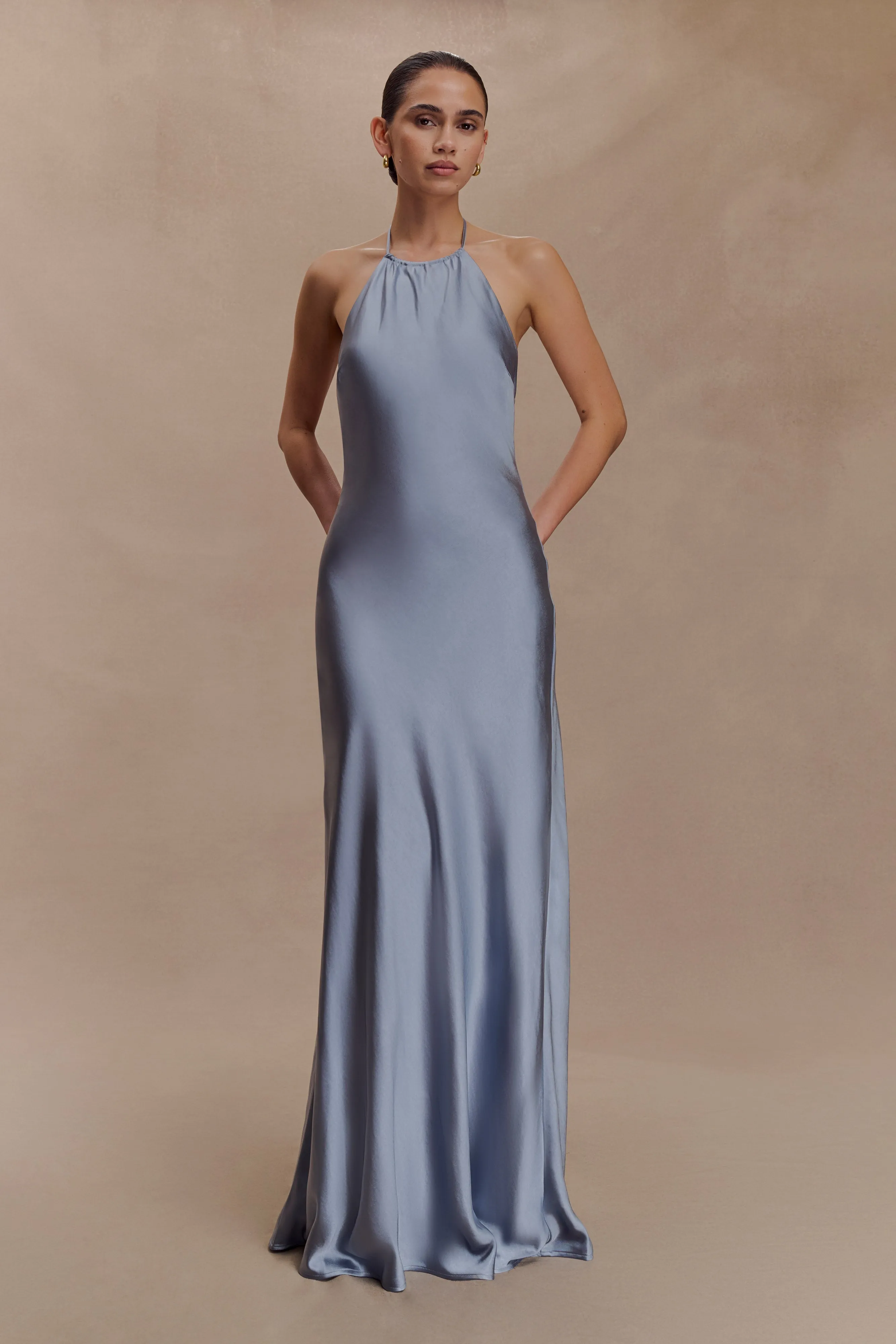 Bella Satin Halter Maxi Dress - Frosted Blue sold by Meshki