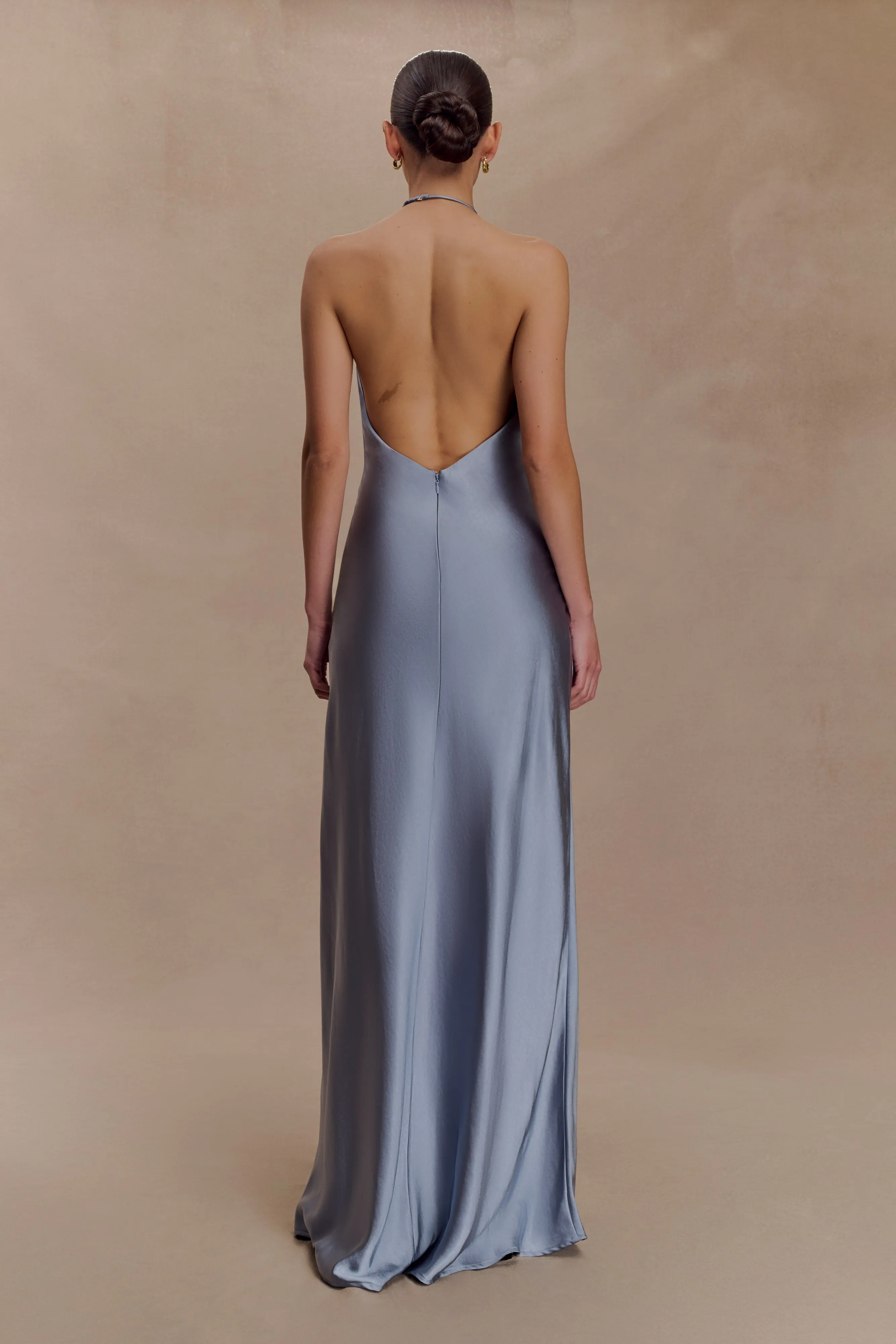Bella Satin Halter Maxi Dress - Frosted Blue sold by Meshki product image thumbnail 2