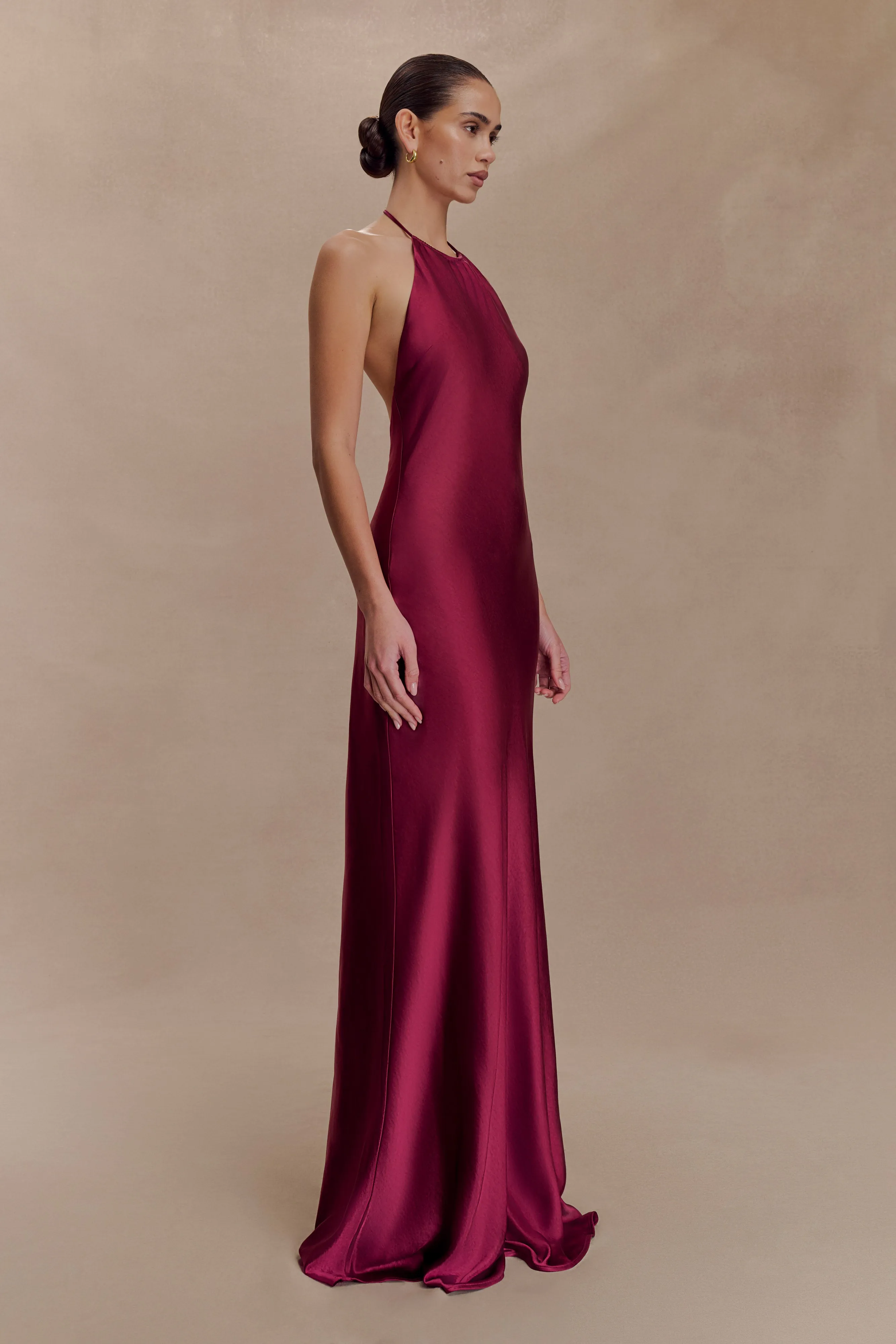 Bella Satin Halter Maxi Dress - Mahogany sold by Meshki product image thumbnail 4