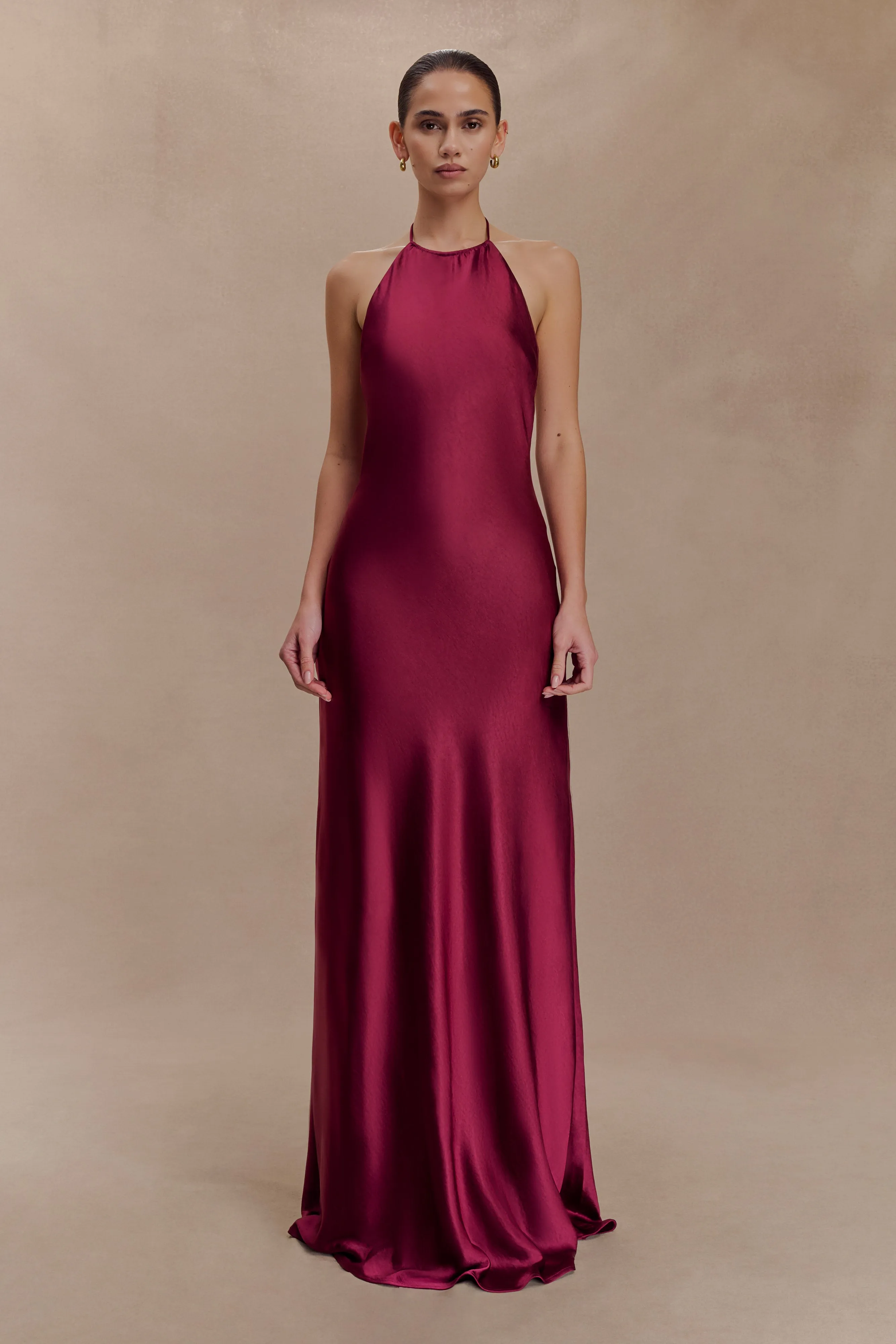 Bella Satin Halter Maxi Dress - Mahogany sold by Meshki