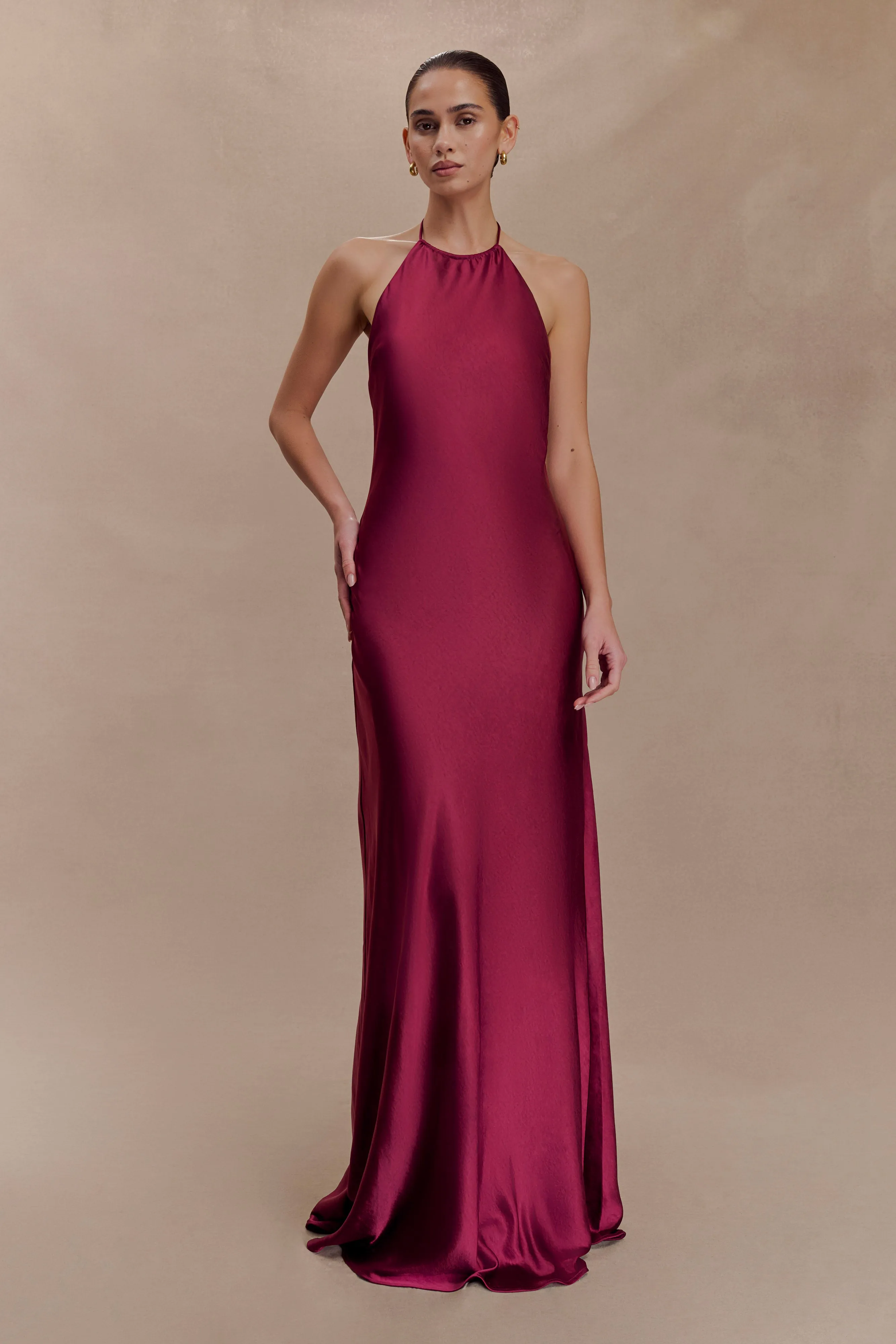 Bella Satin Halter Maxi Dress - Mahogany sold by Meshki product image thumbnail 3