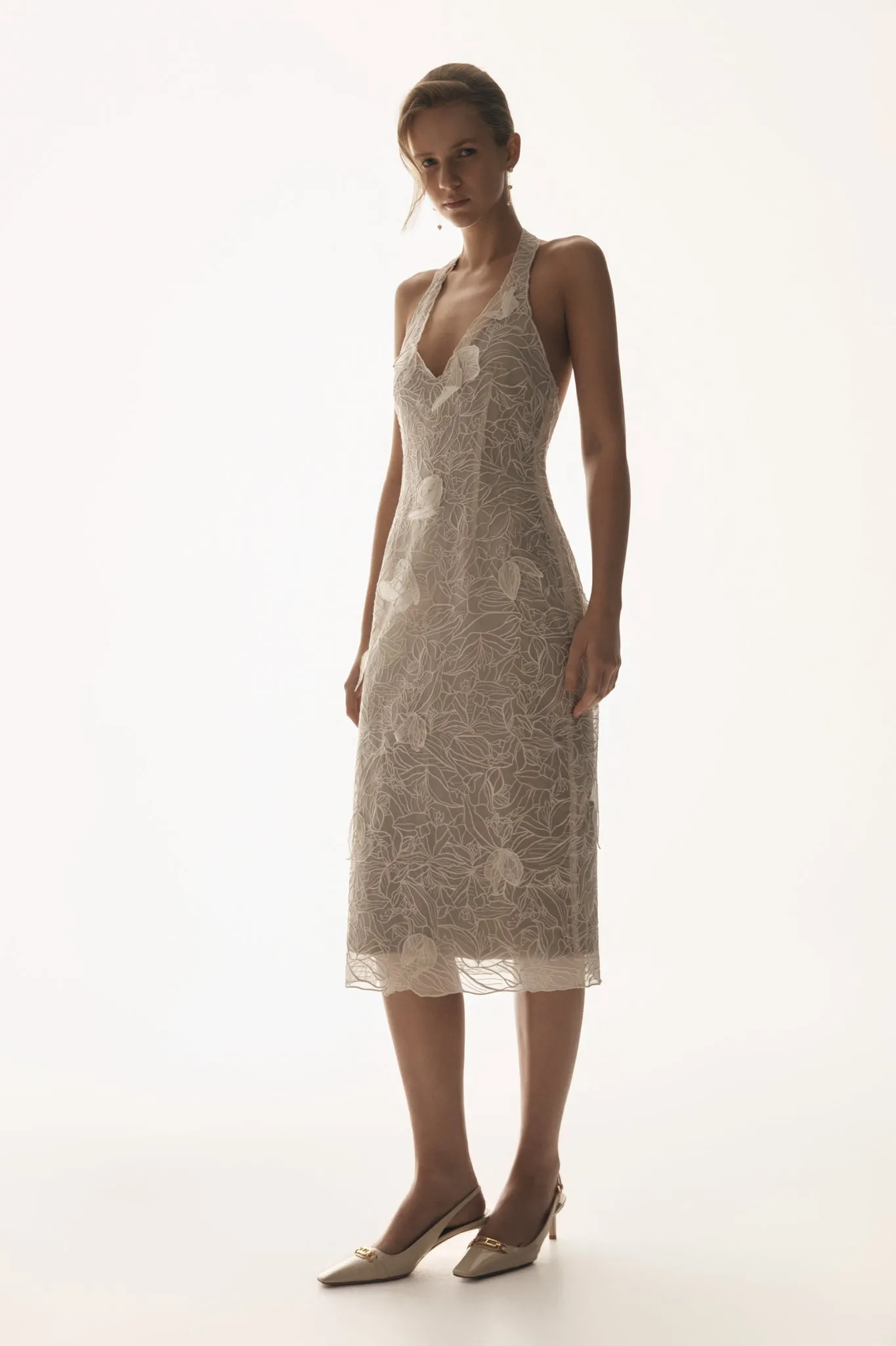 Lenore Silk Lace Halter Midi Dress - Ivory sold by Meshki