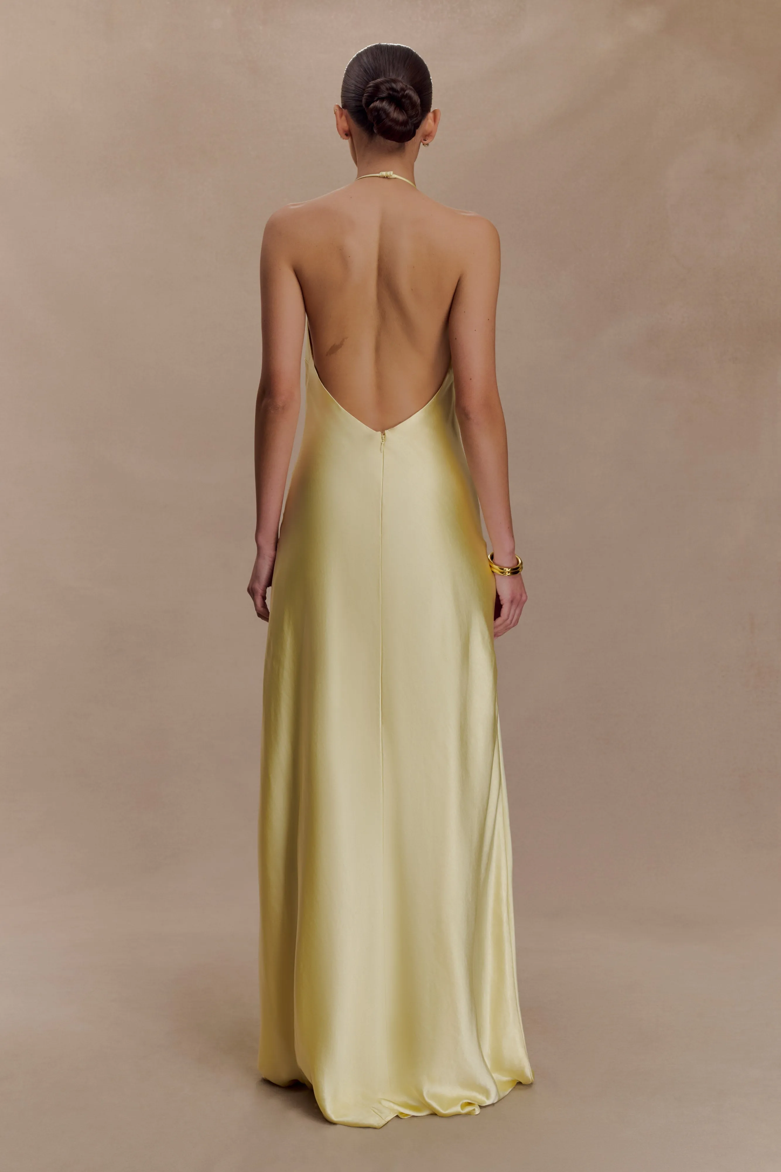 Bella Satin Halter Maxi Dress - Lemon sold by Meshki product image thumbnail 2