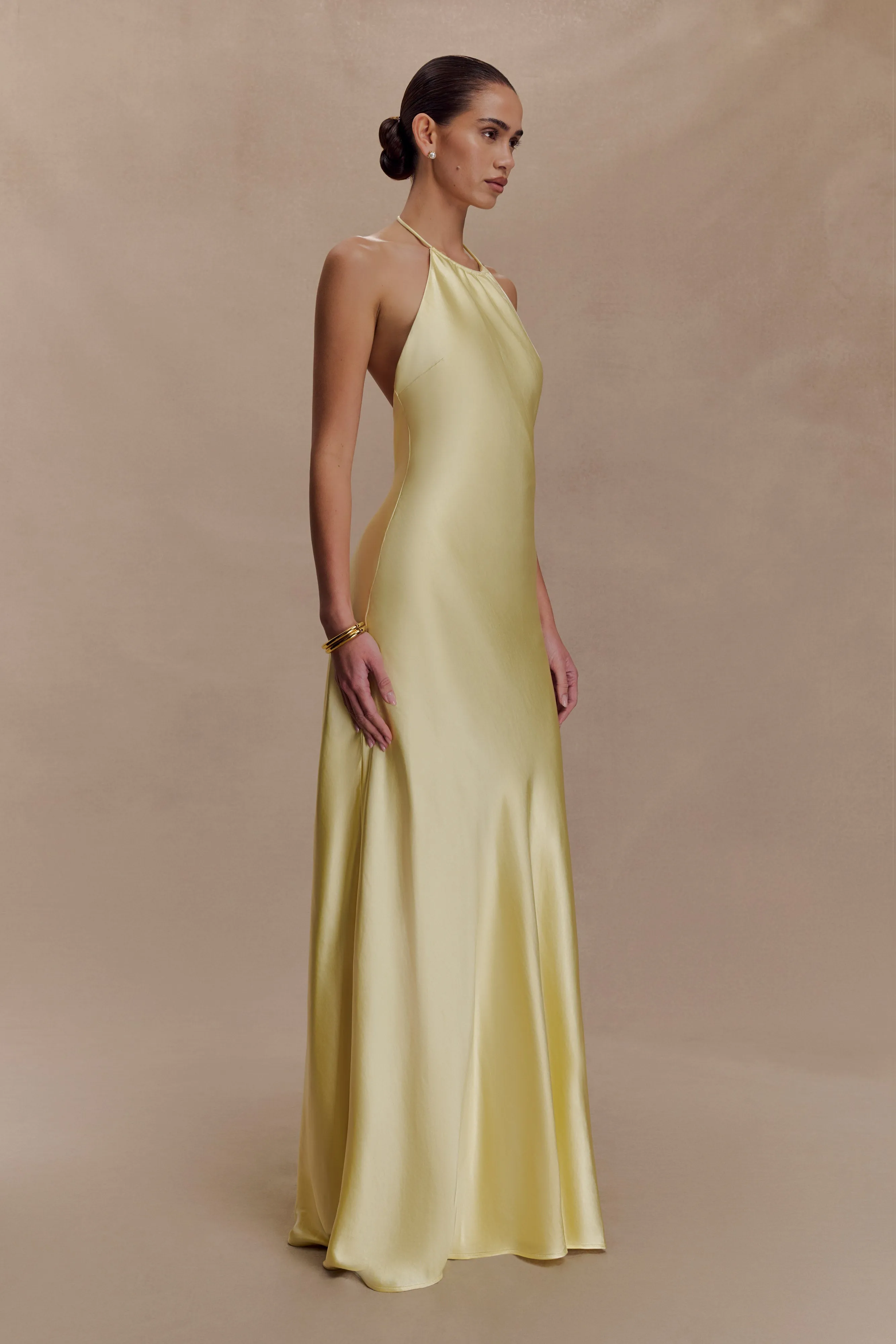 Bella Satin Halter Maxi Dress - Lemon sold by Meshki