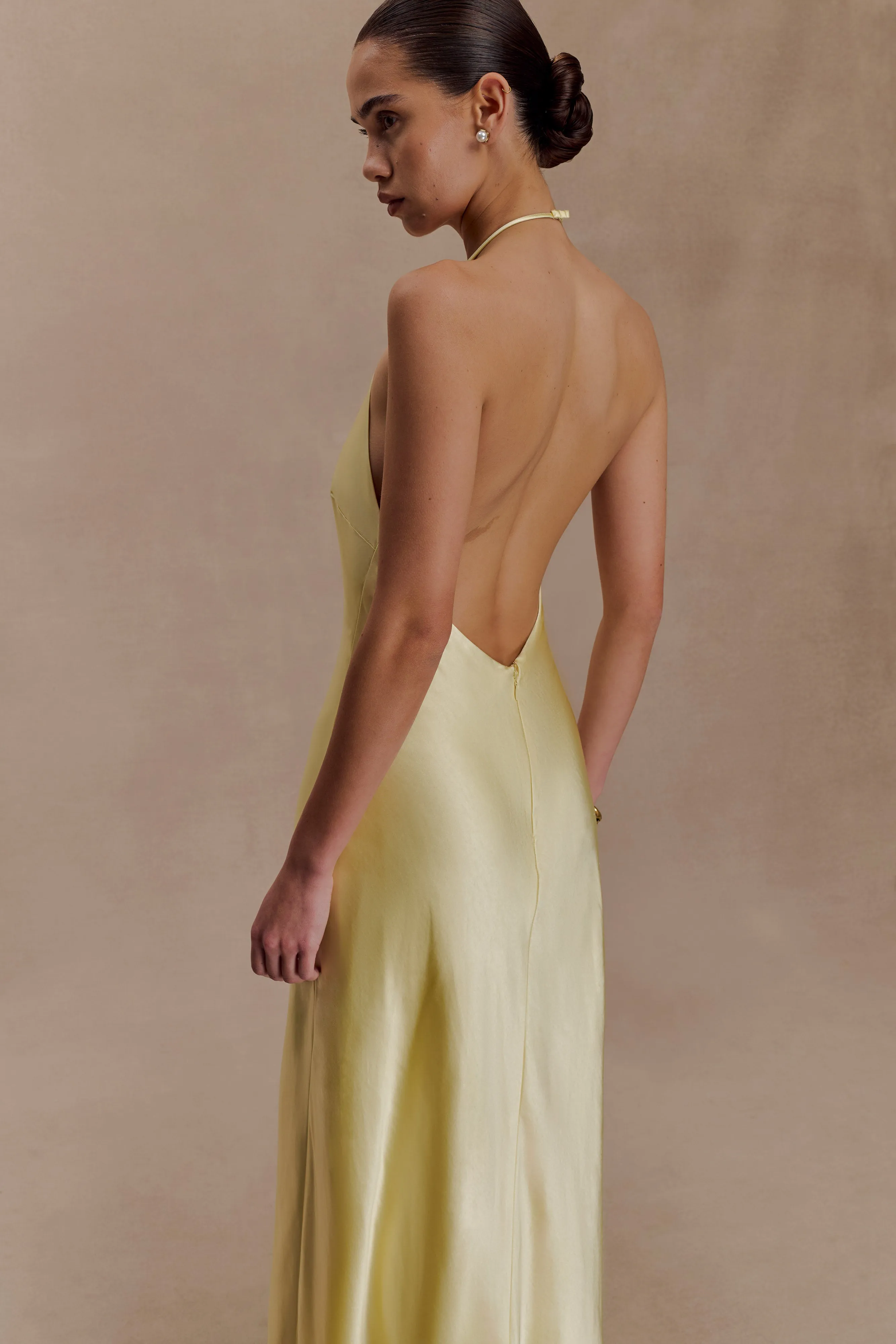 Bella Satin Halter Maxi Dress - Lemon sold by Meshki product image thumbnail 3