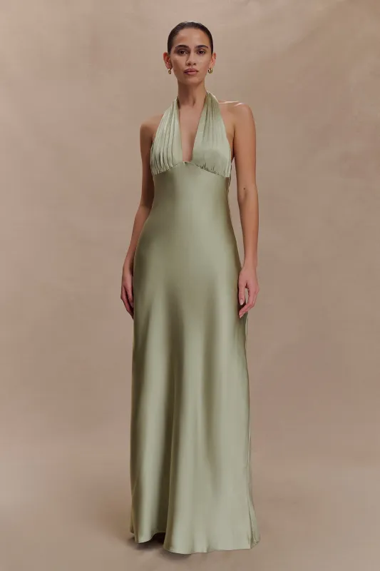 Alice Satin Halter Maxi Dress - Sage sold by Meshki