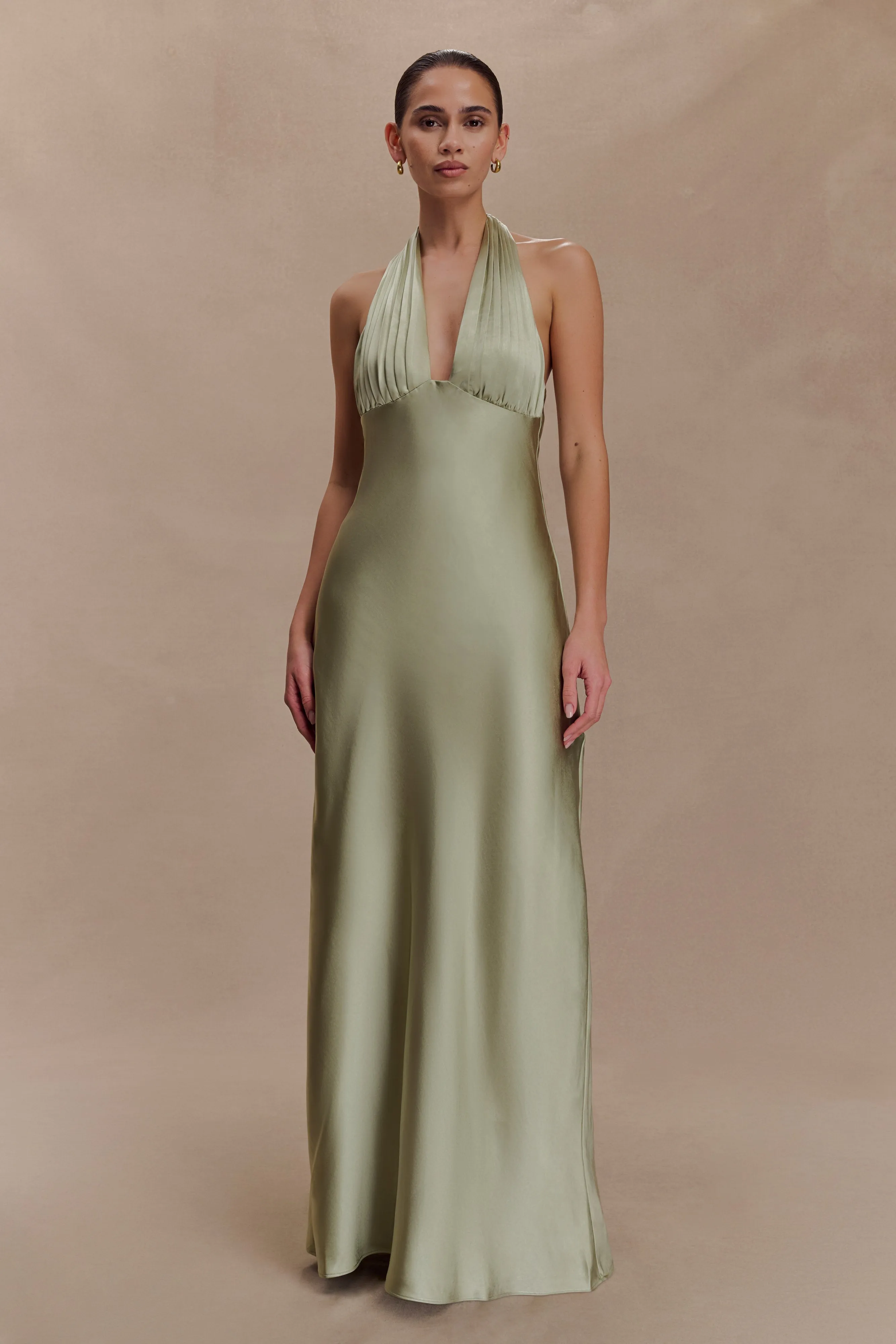 Alice Satin Halter Maxi Dress - Sage sold by Meshki