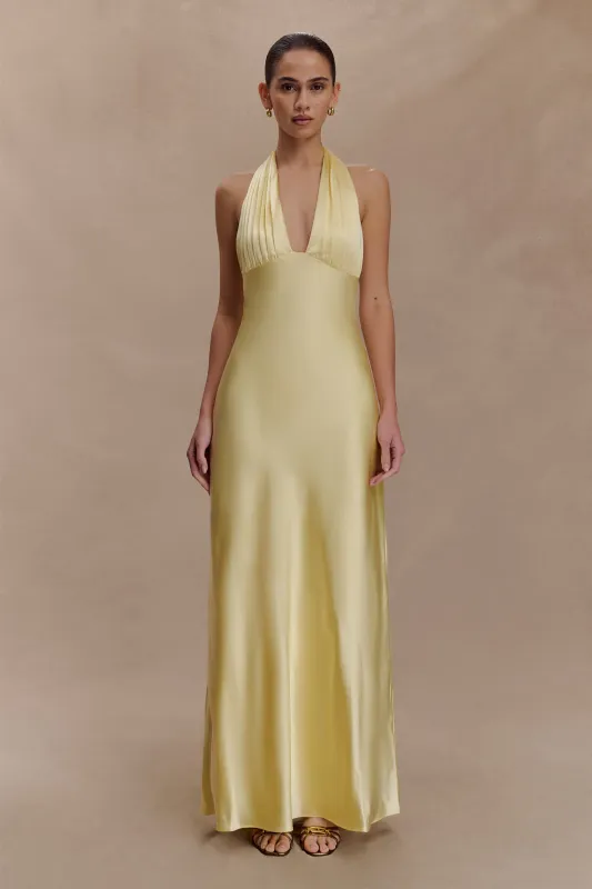 Alice Satin Halter Maxi Dress - Lemon sold by Meshki