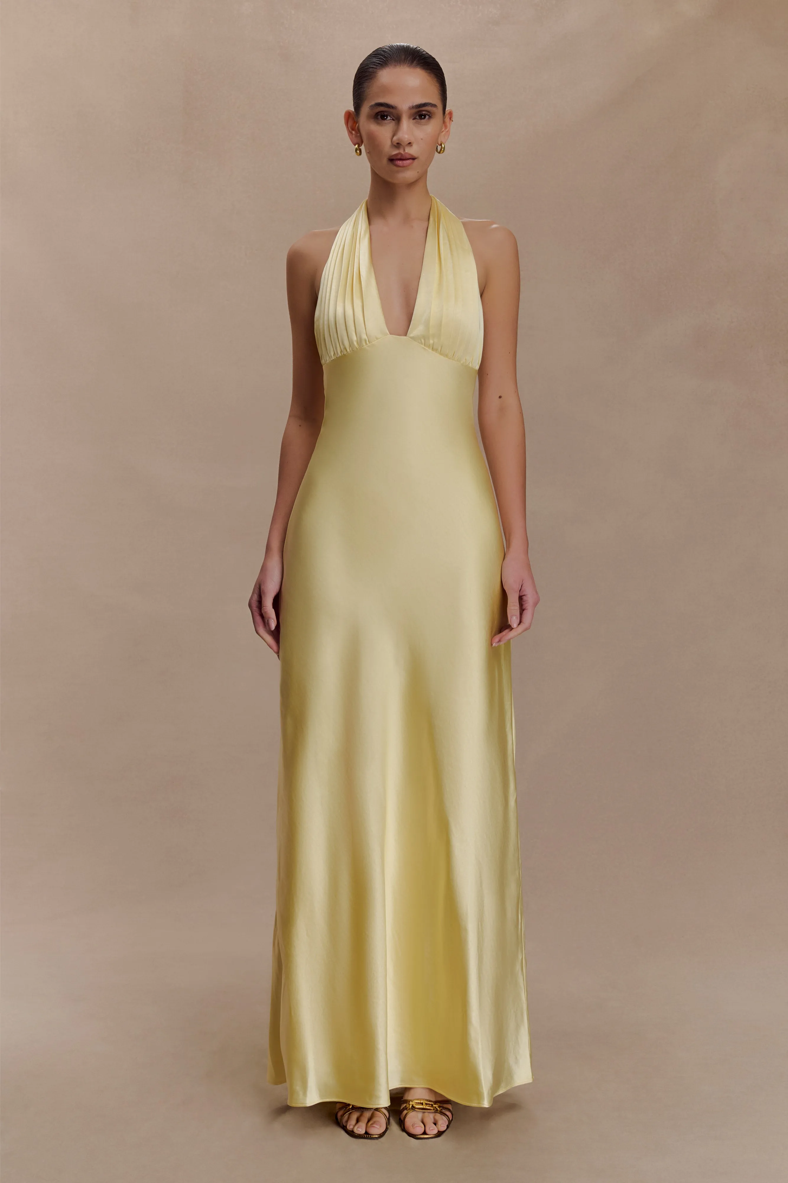 Alice Satin Halter Maxi Dress - Lemon sold by Meshki