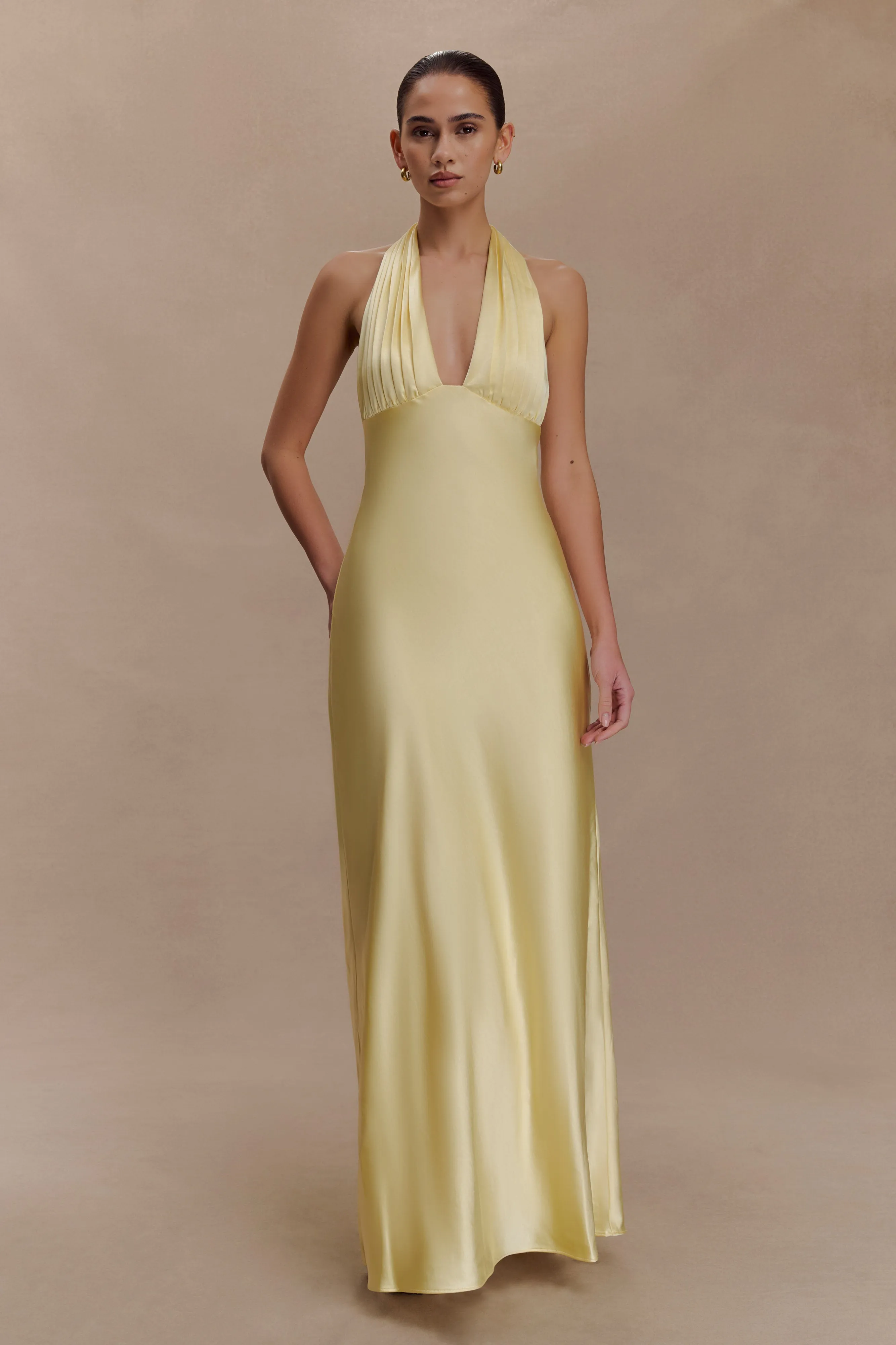 Alice Satin Halter Maxi Dress - Lemon sold by Meshki product image thumbnail 2