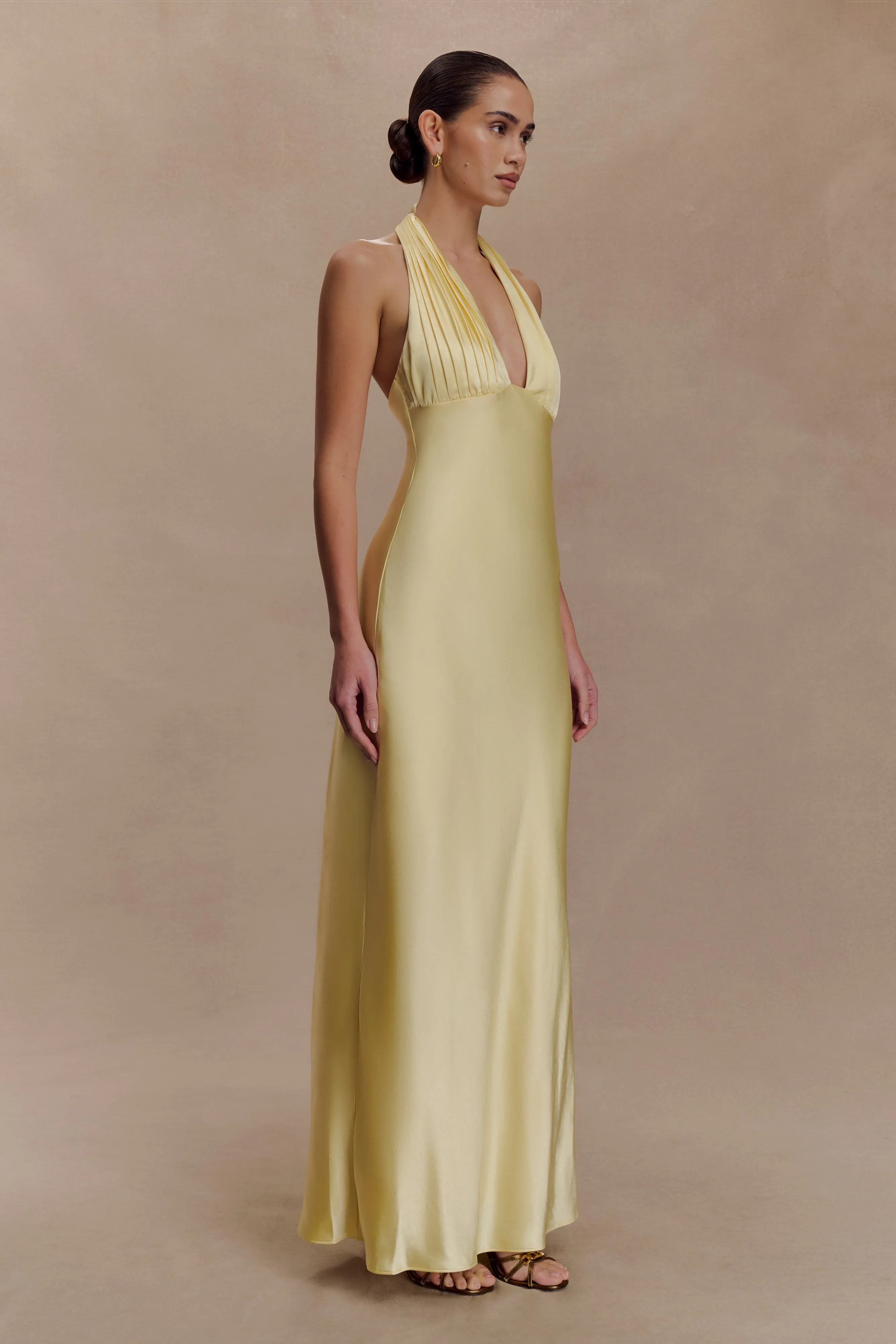 Alice Satin Halter Maxi Dress - Lemon sold by Meshki product image thumbnail 3