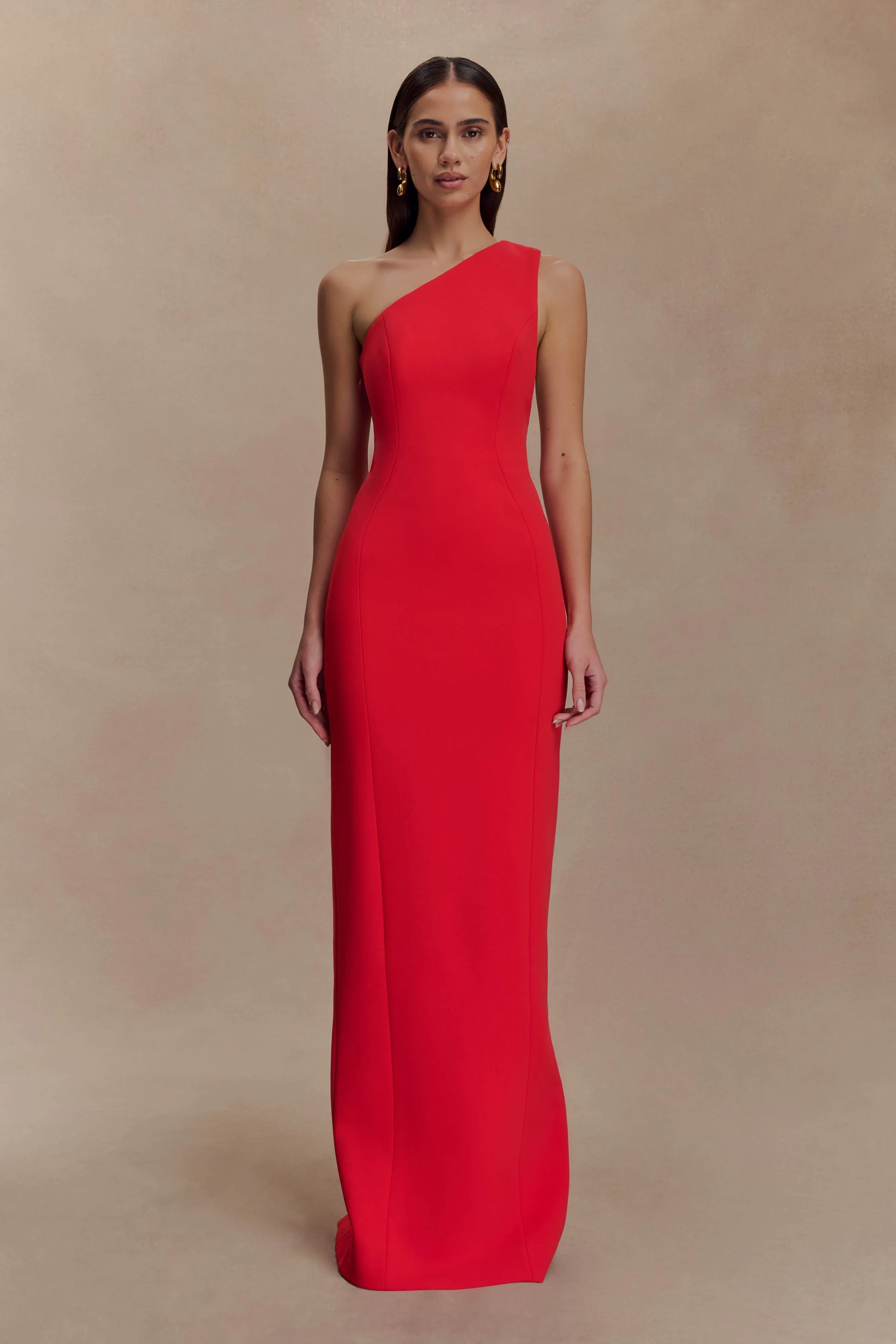 Milena One Shoulder Crepe Maxi Dress - Red sold by Meshki