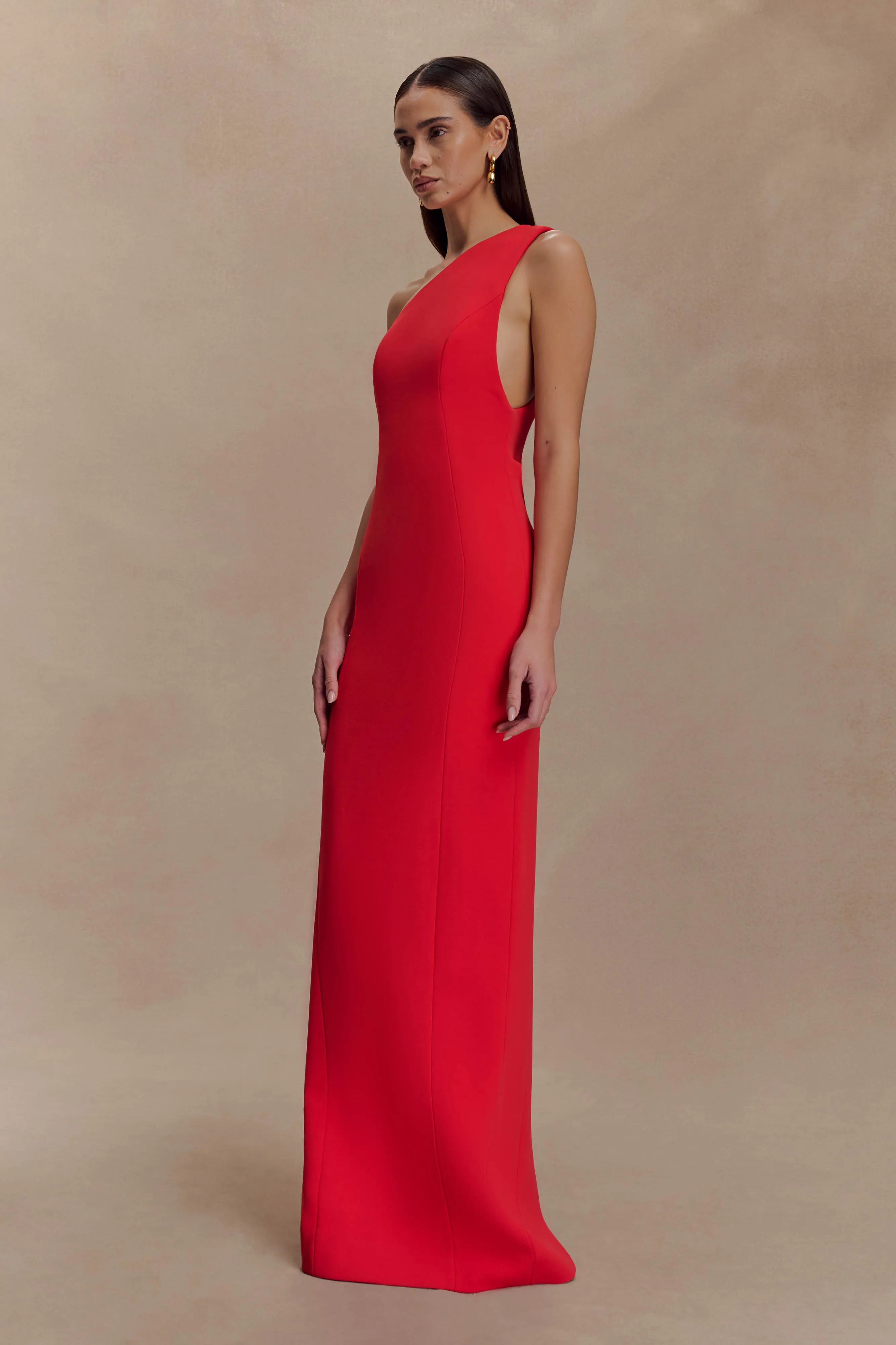 Milena One Shoulder Crepe Maxi Dress - Red sold by Meshki product image thumbnail 5