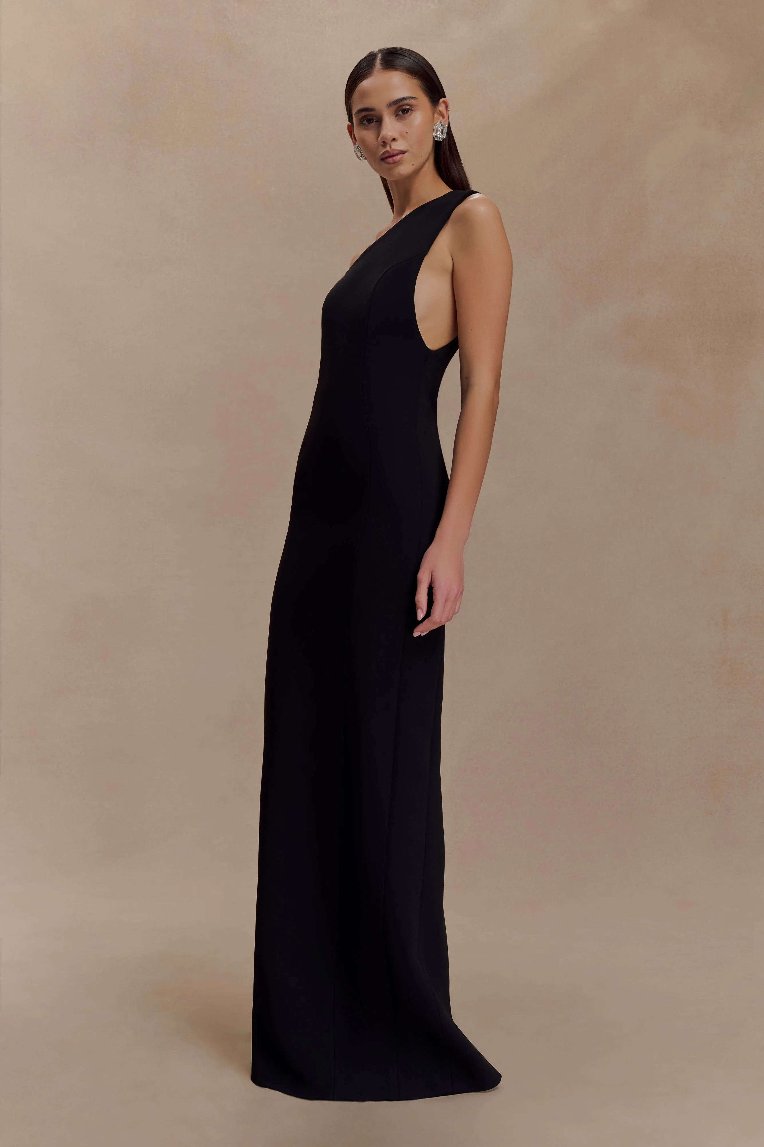 Milena One Shoulder Crepe Maxi Dress - Black sold by Meshki product image thumbnail 4