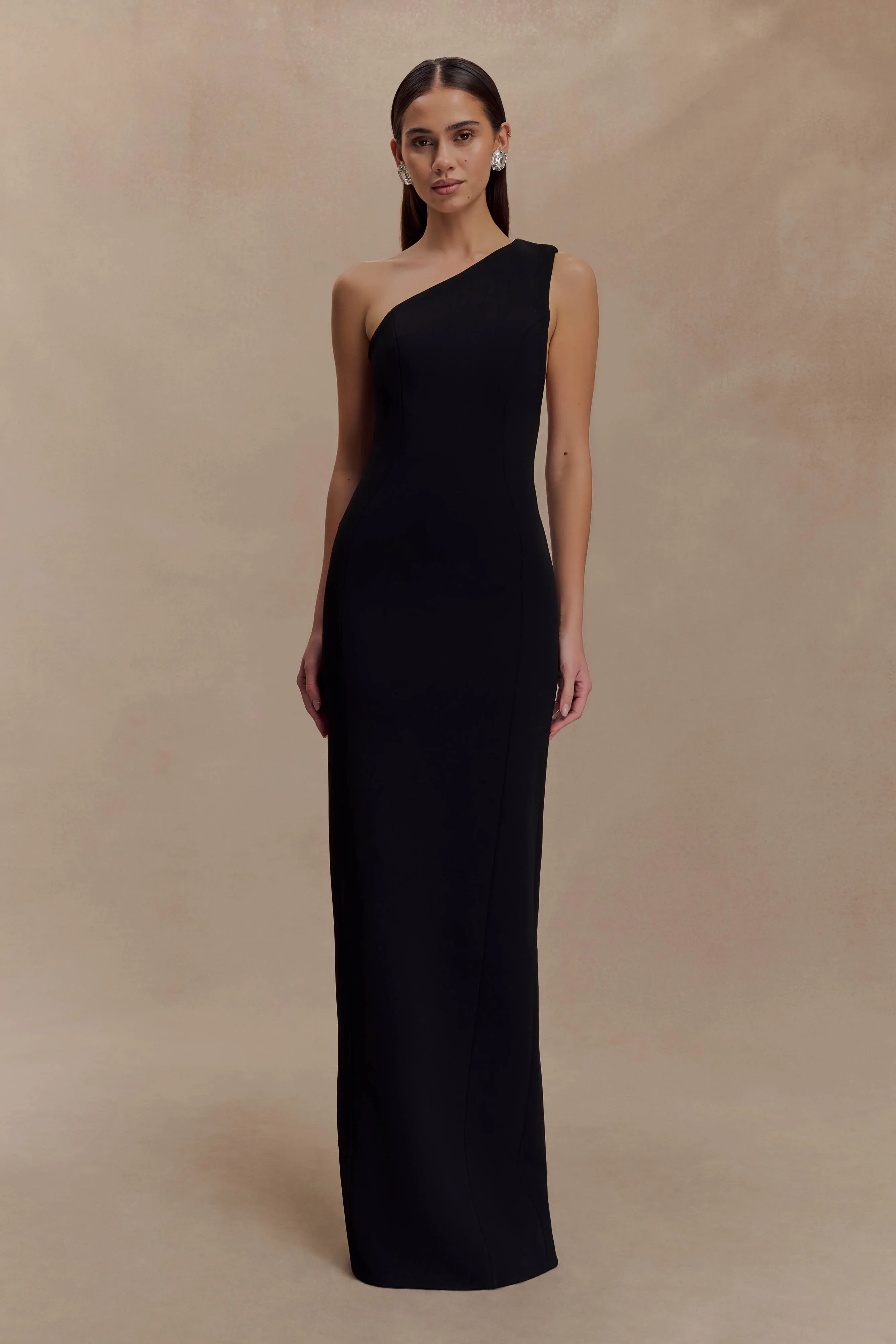 Milena One Shoulder Crepe Maxi Dress - Black sold by Meshki