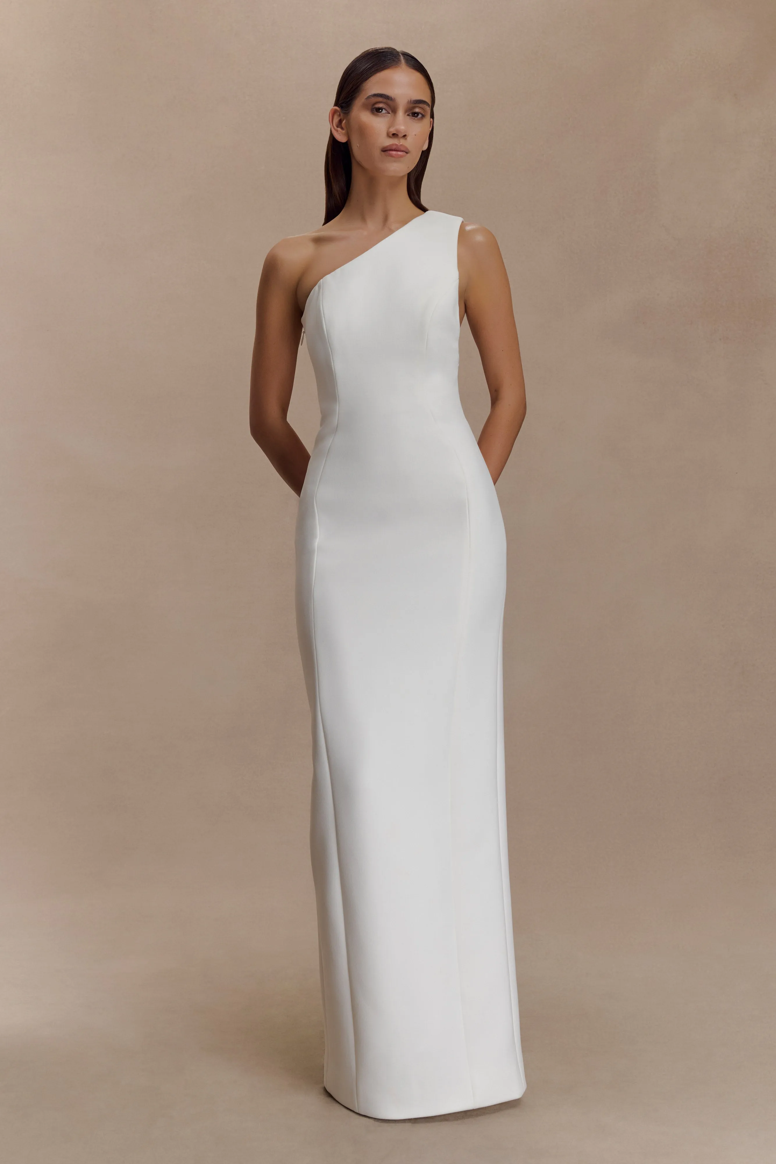 Milena One Shoulder Crepe Maxi Dress - White sold by Meshki