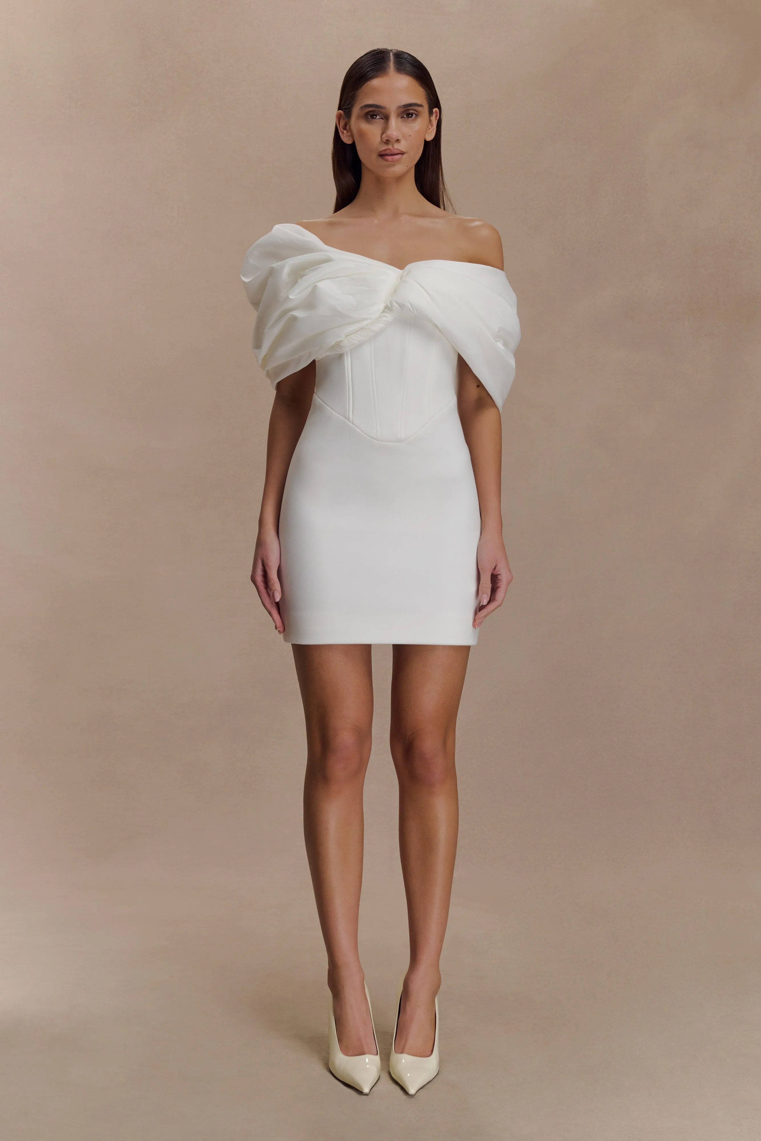 Aphrodite Off Shoulder Crepe Mini Dress - Ivory sold by Meshki product image thumbnail 4