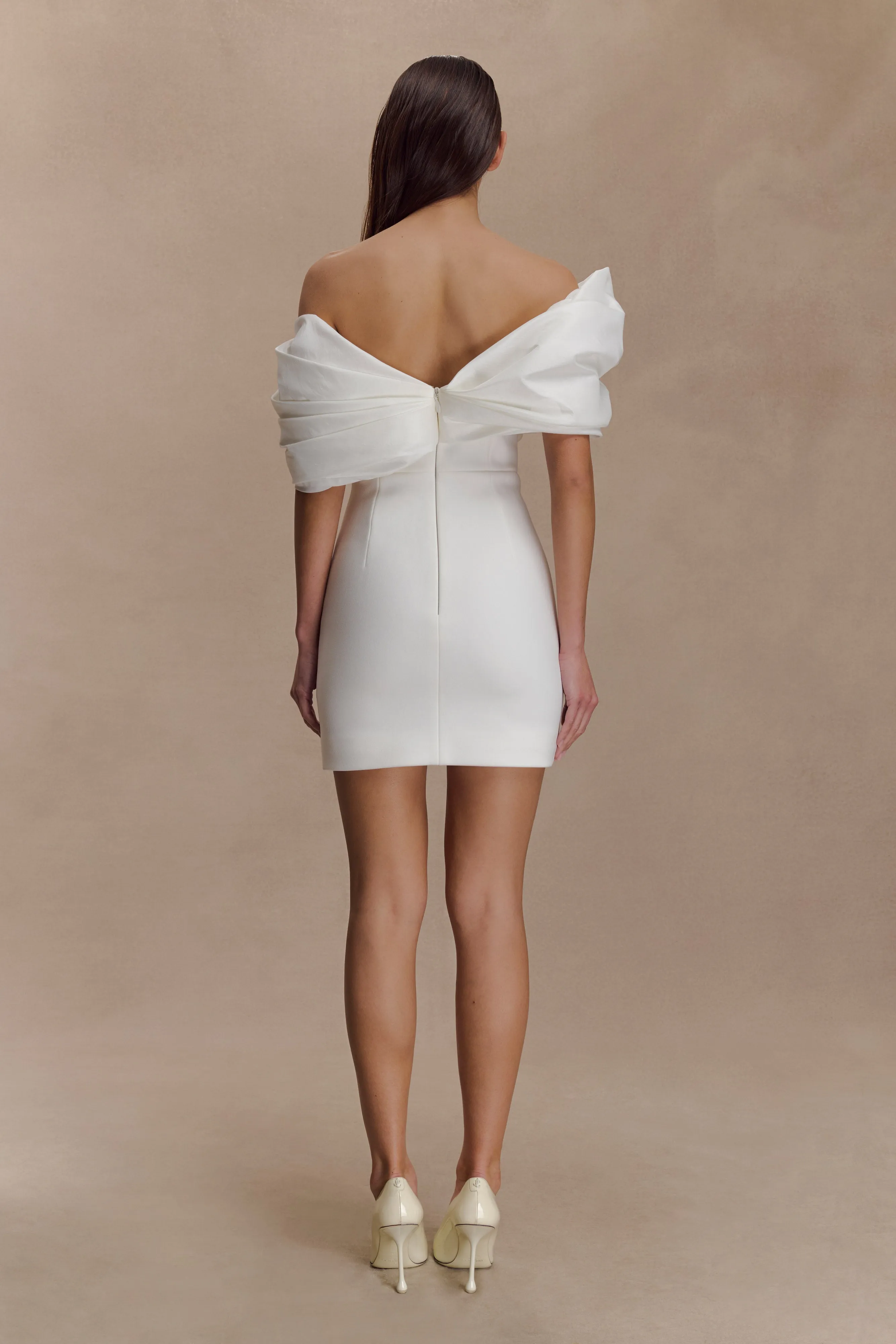 Aphrodite Off Shoulder Crepe Mini Dress - Ivory sold by Meshki product image thumbnail 5