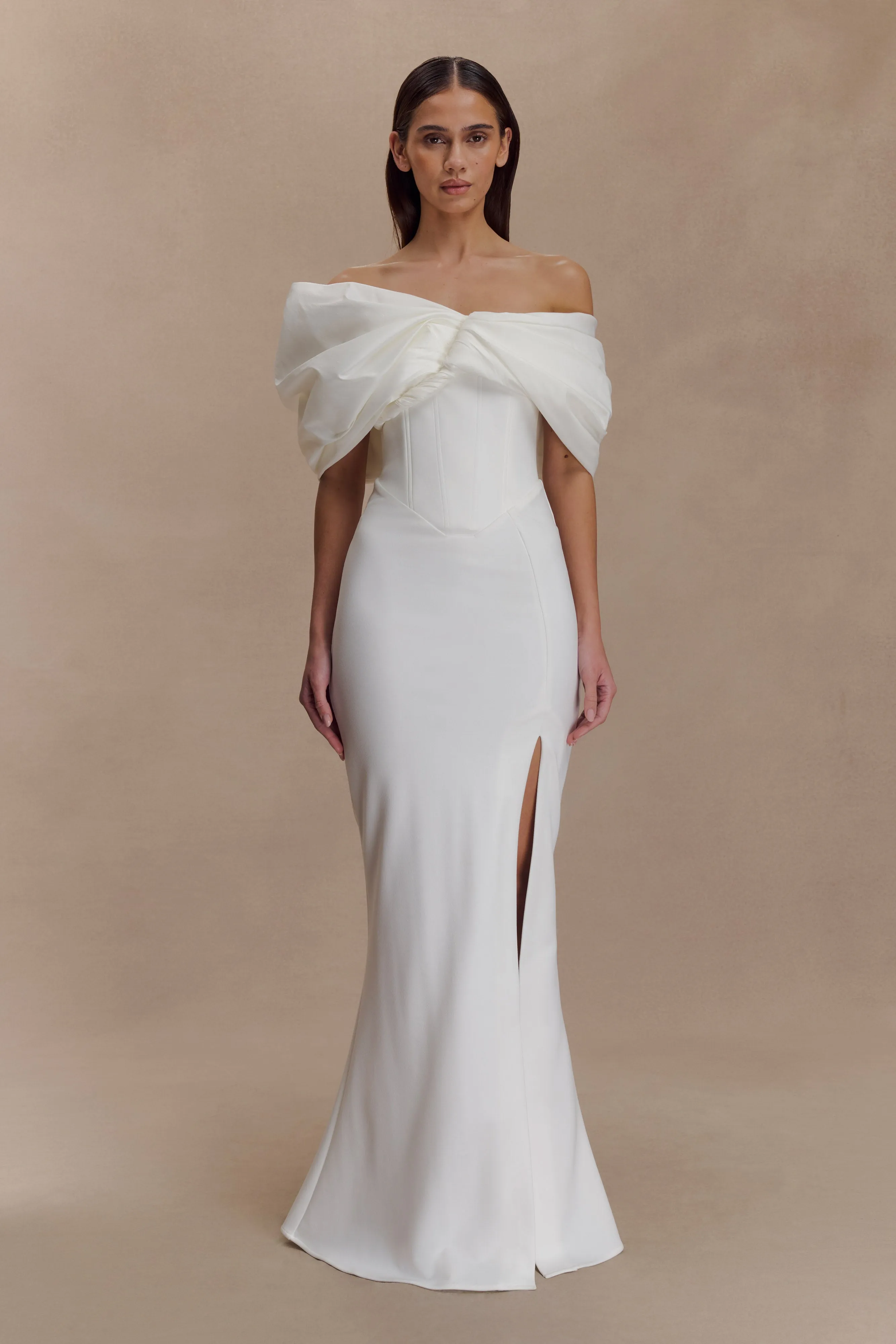 Aphrodite Off Shoulder Crepe Gown - Ivory sold by Meshki product image thumbnail 3