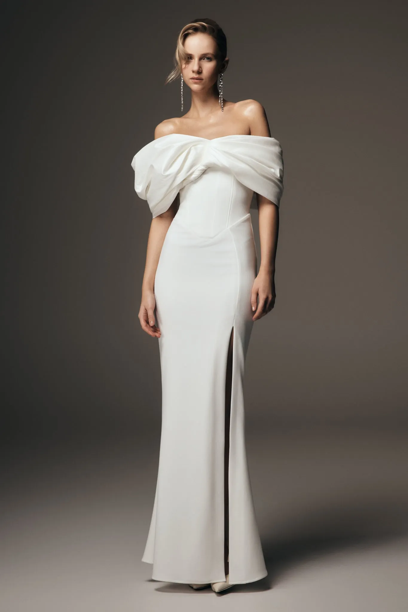 Aphrodite Off Shoulder Crepe Gown - Ivory sold by Meshki