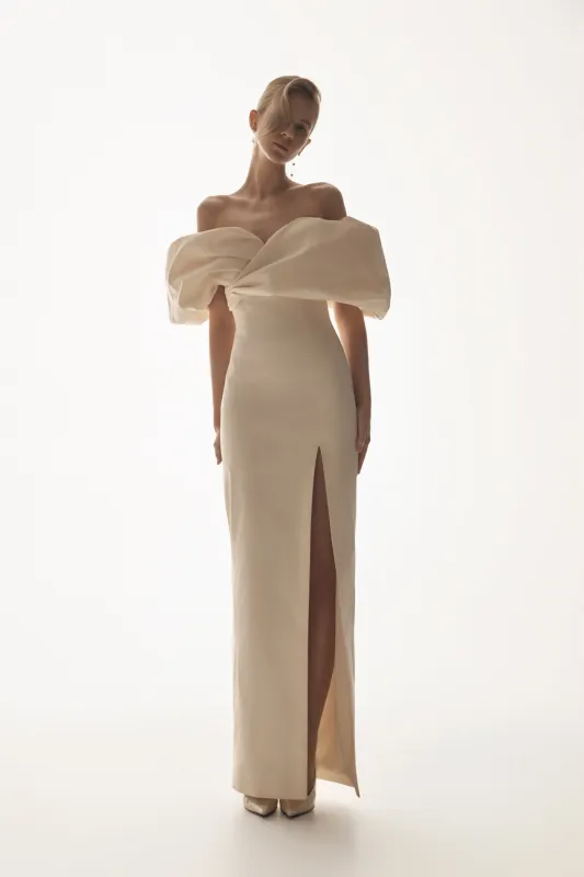 Angelica Taffeta Off Shoulder Bridal Gown - Soft Beige sold by Meshki