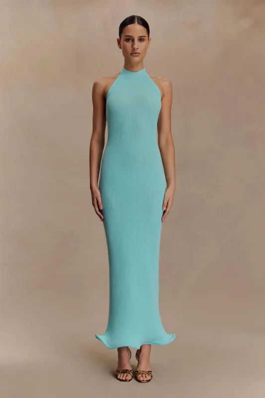 Melodie Halter Knit Maxi Dress - Cyan Blue sold by Meshki