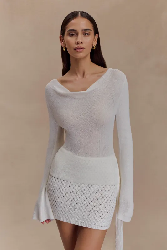 Elowen Knit Cowl Long Sleeve Top - White sold by Meshki