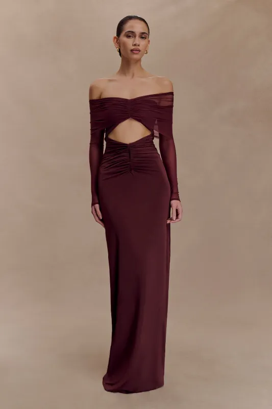 Rafaella Slinky And Mesh Maxi Dress - Mahogany sold by Meshki