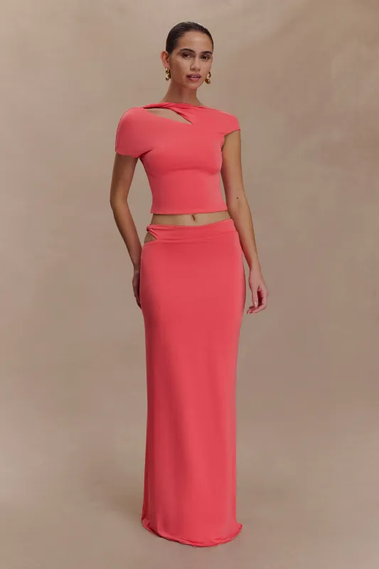 Haven Slinky Twist Midi Skirt - Coral sold by Meshki