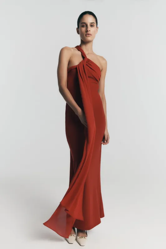 Philippa Knotted Crepe Maxi Dress - Ruby sold by Meshki