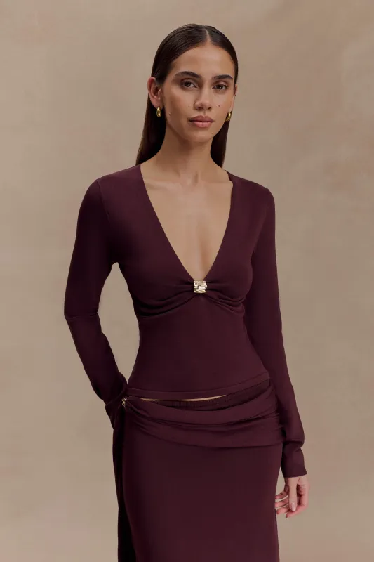 Miraby Front Ruched Knit Long Sleeve Top - Dark Chocolate sold by Meshki