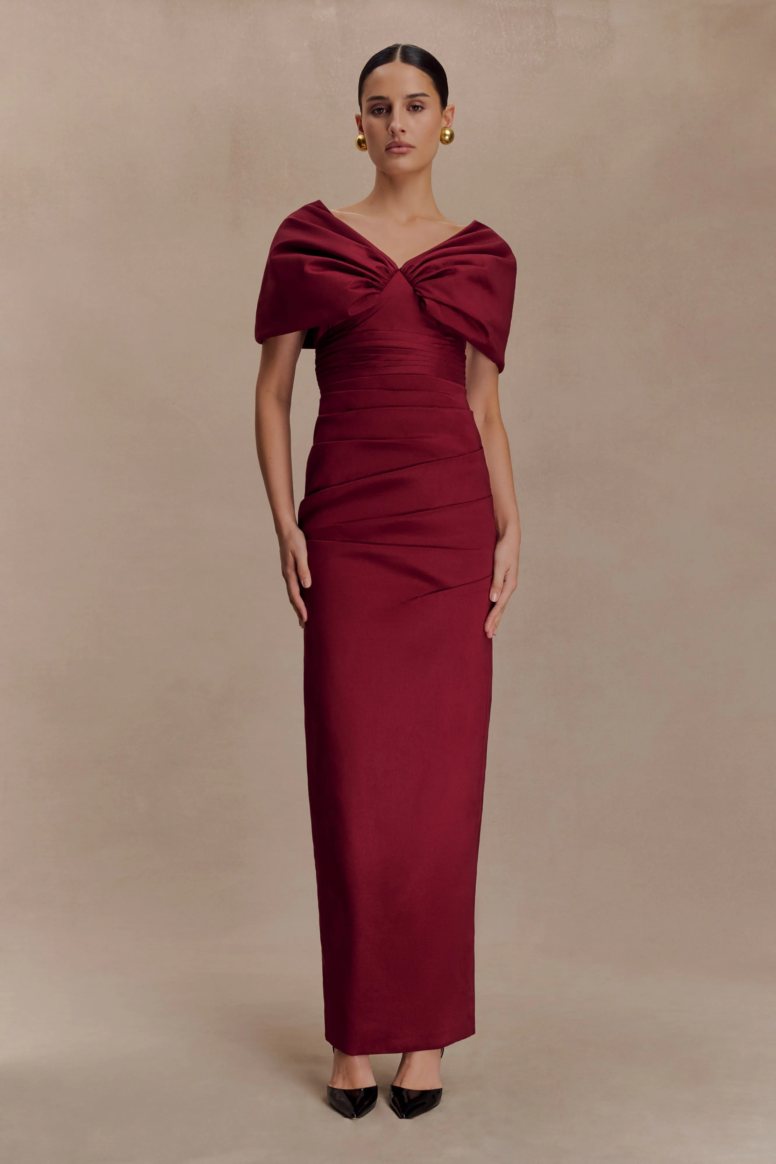 Thelma Bardot Maxi Dress - Wine sold by Meshki