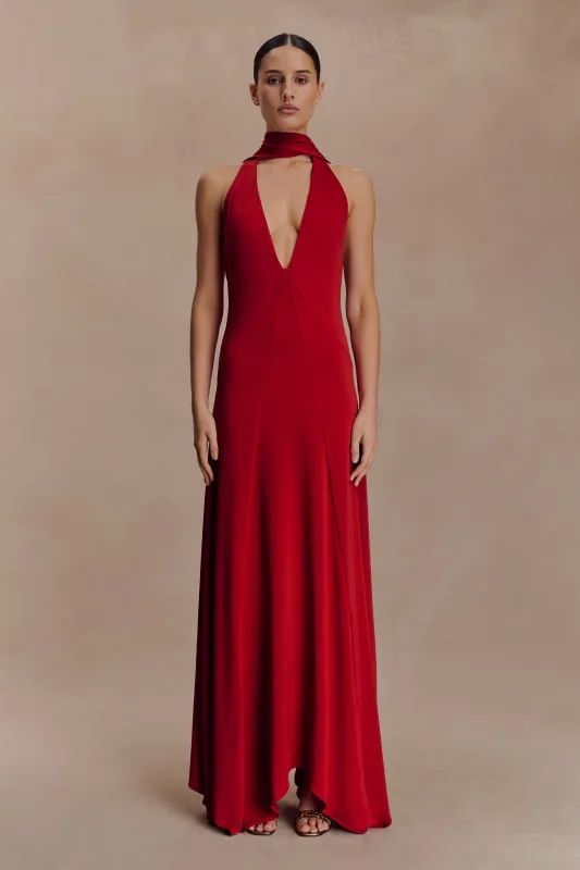 Juliet Slinky Maxi Dress With Scarf - Ruby sold by Meshki