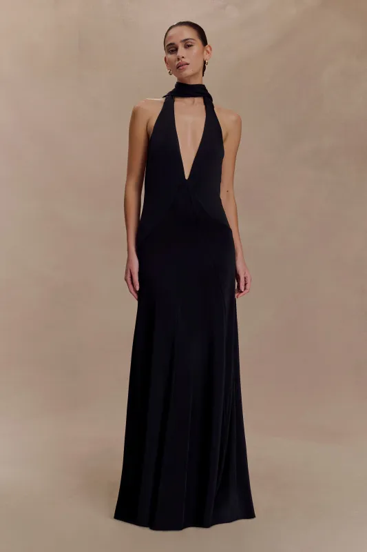 Juliet Slinky Maxi Dress With Scarf - Black sold by Meshki