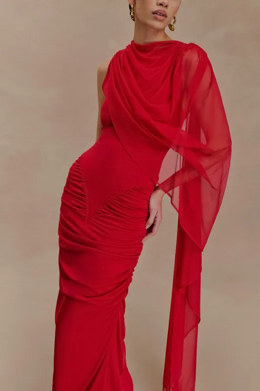 Amandine Ruched Slinky Maxi Dress - Ruby made by Meshki